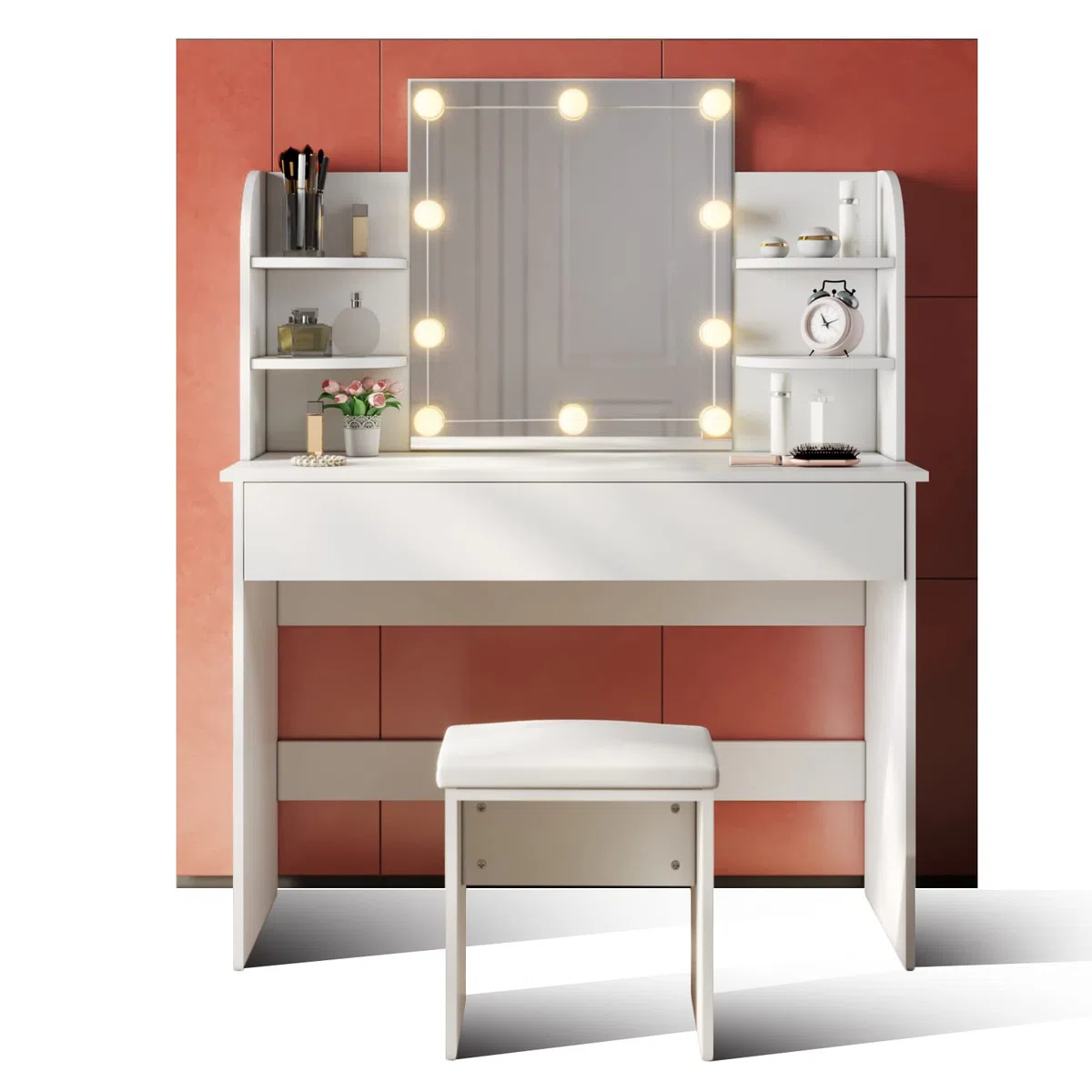 SONNI Toeletta Trucco con Luci, Tavolo da Trucco con Specchio e Sgabello,con Lampadine Luce a 3 Toni Luminosità Regolabile LED 108x40x140cm Bianco