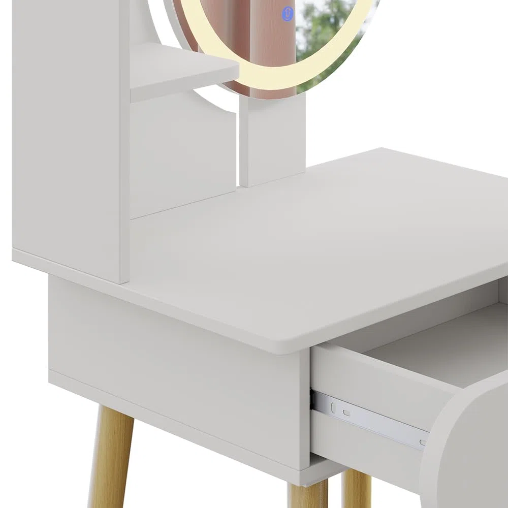 Vicco Tavolino da toilette Edda, Bianco, 60 cm con specchio LED e sgabello, con specchio LED rotondo e sgabello coordinato