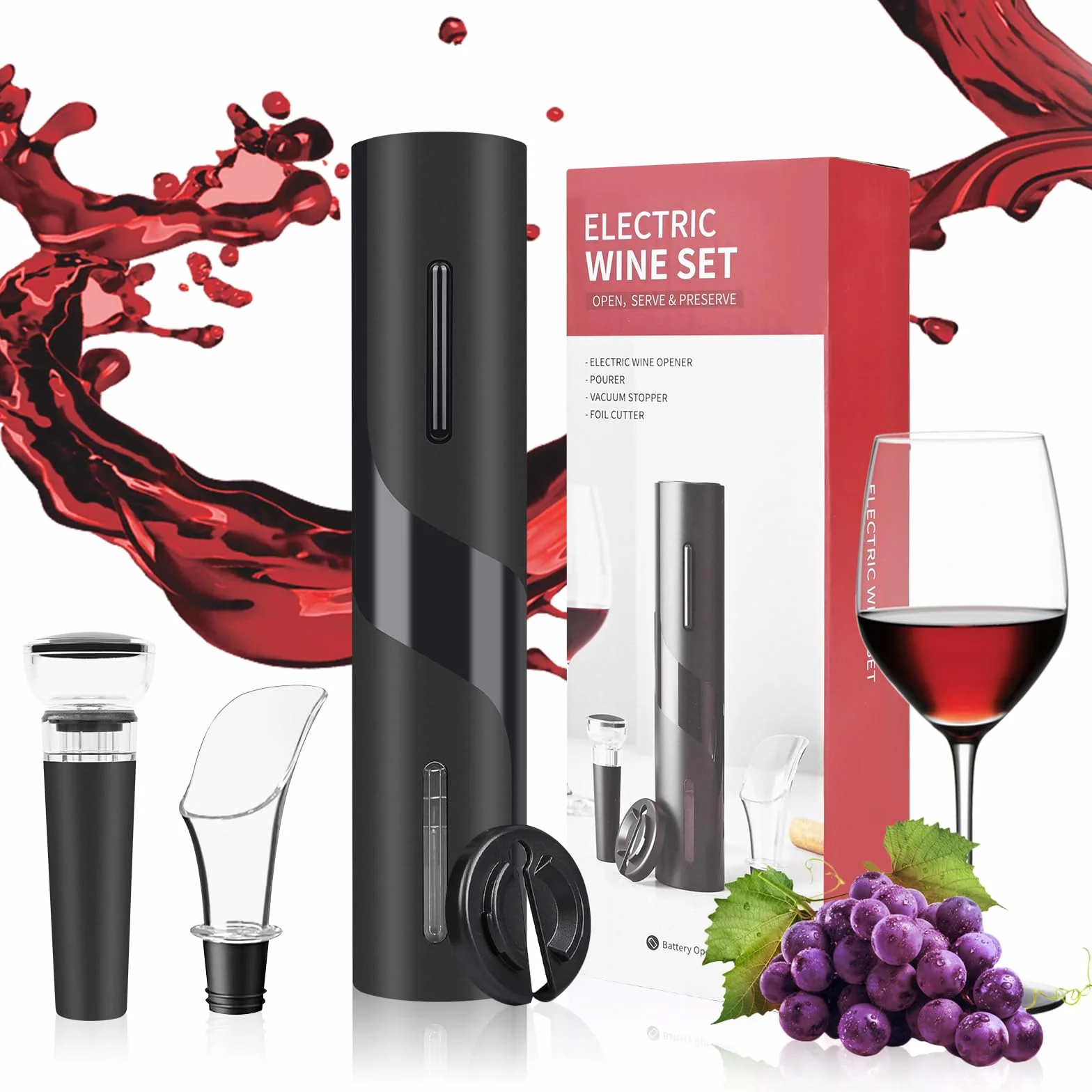 Weinsamkeit Cavatappi Elettrico Automatico a Batteria con Tagliapasta Stagnola, Versatore e Tappo per Vuoto