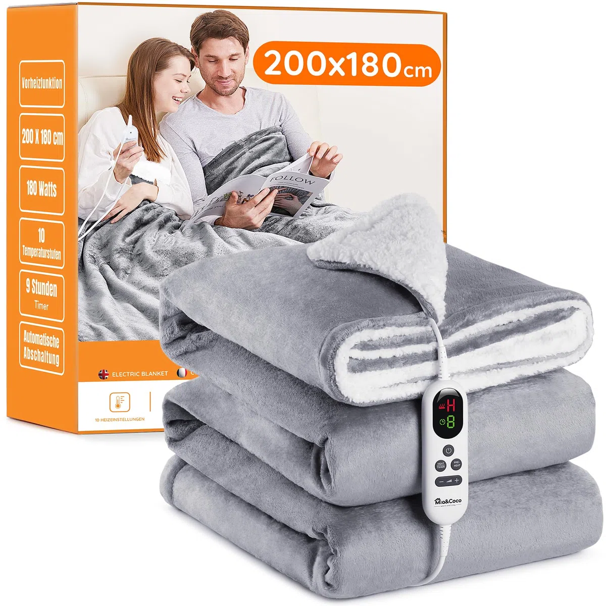 Mia&Coco Coperta Elettrica Termica Riscaldata Riscaldante con Telecomando Digitale, Flanella Sherpa 180x200cm, 10 livelli e 1~9 ore di spegnimento automatico, Lavabile in Lavatrice, Grigio