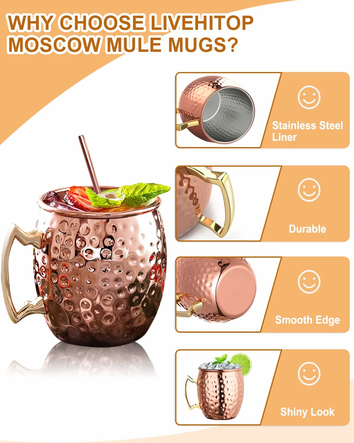LIVEHITOP Moscow Mule Bicchieri Rame Set of 2 530ml Tazze Cocktail Bar