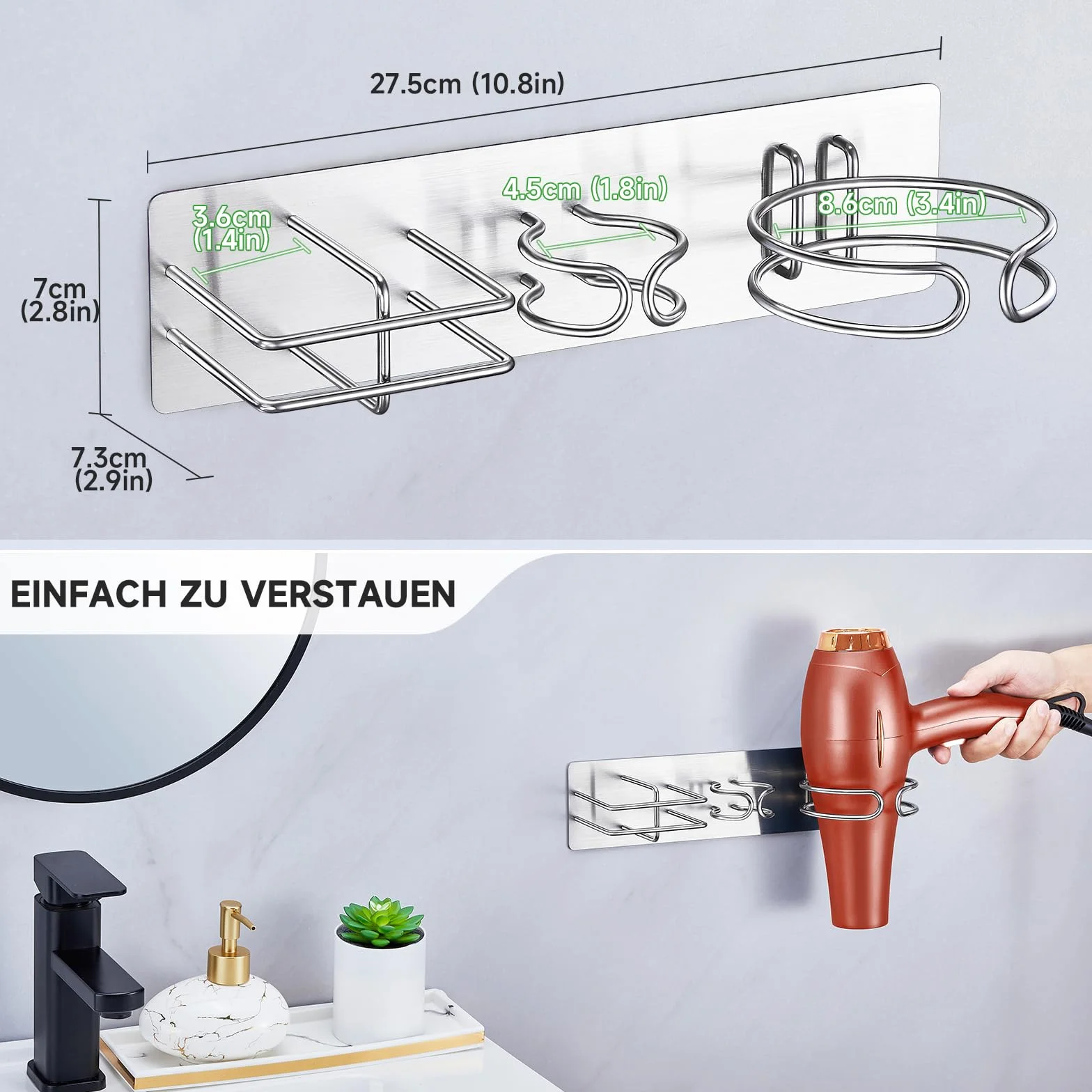 YYBO Porta Phon da Muro, 3 in 1 Supporto per Asciugacapelli, Piastra Capelli, Ferro Arricciacapelli, Metallo Porta Asciugacapelli e Piastra Adesivo (Argento)