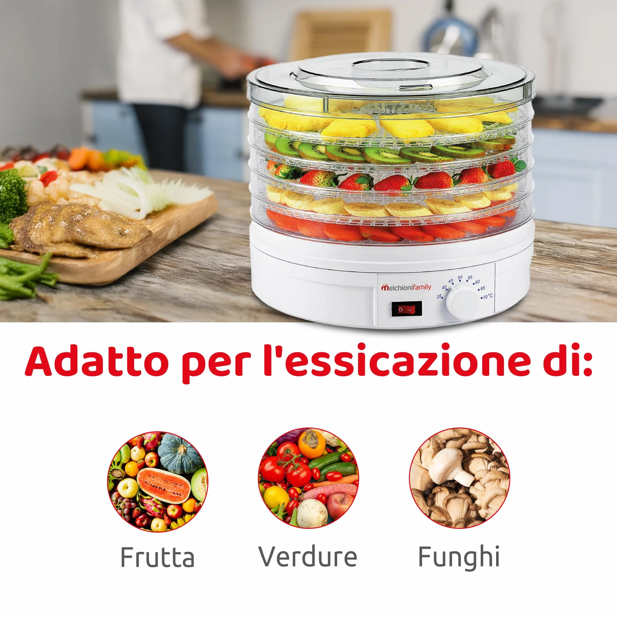 Melchioni Family | Essiccatore Elettrico BABELE, Essiccatore Alimentare Multiuso, 5 Ripiani Impilabili e Removibili, Potenza 250W, Temperatura Regolabile 40-70°C