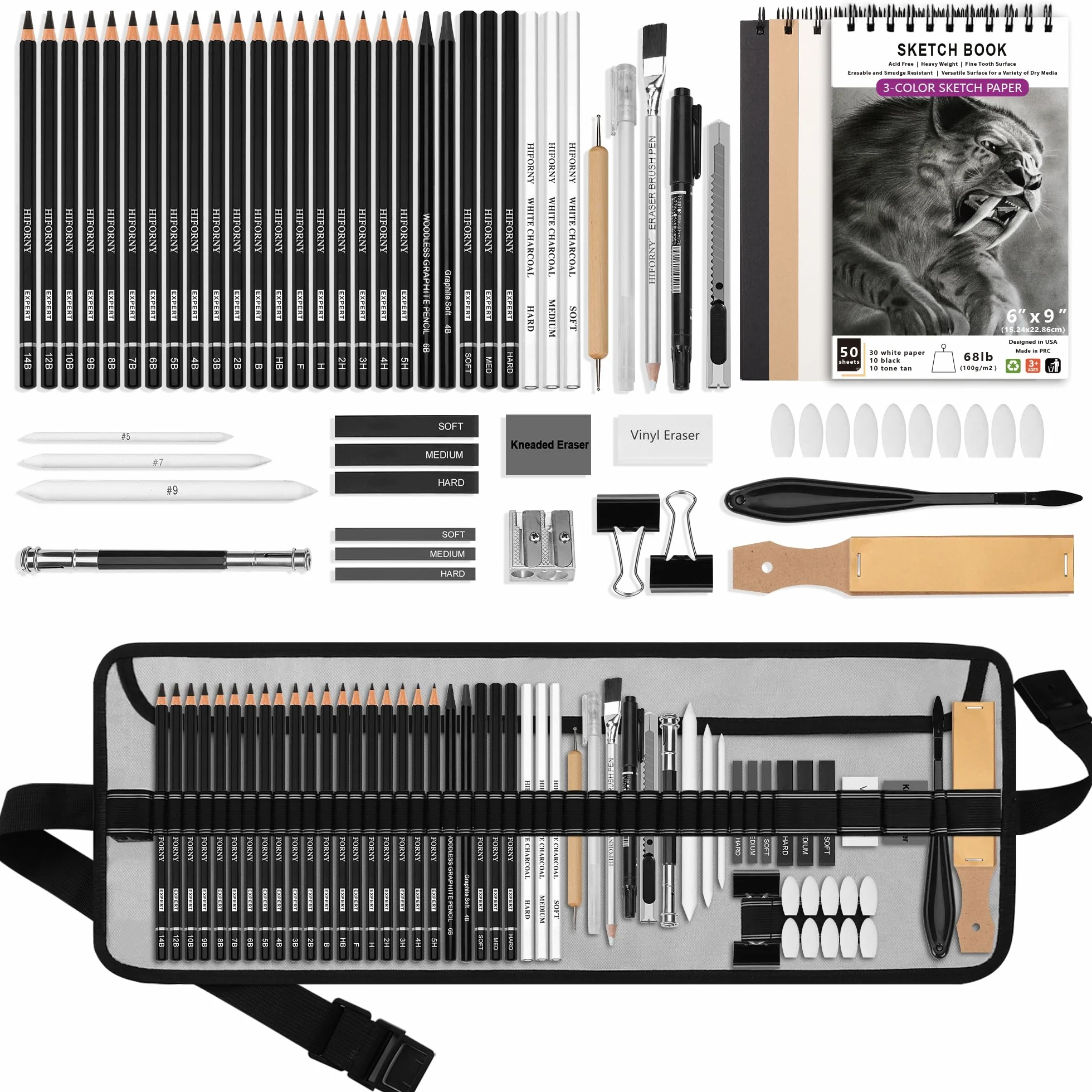 HIFORNY 60 Set di matite per schizzi, matite per schizzi, forniture artistiche con 3 colori, grafite, carbone, matite da disegno per artisti adulti