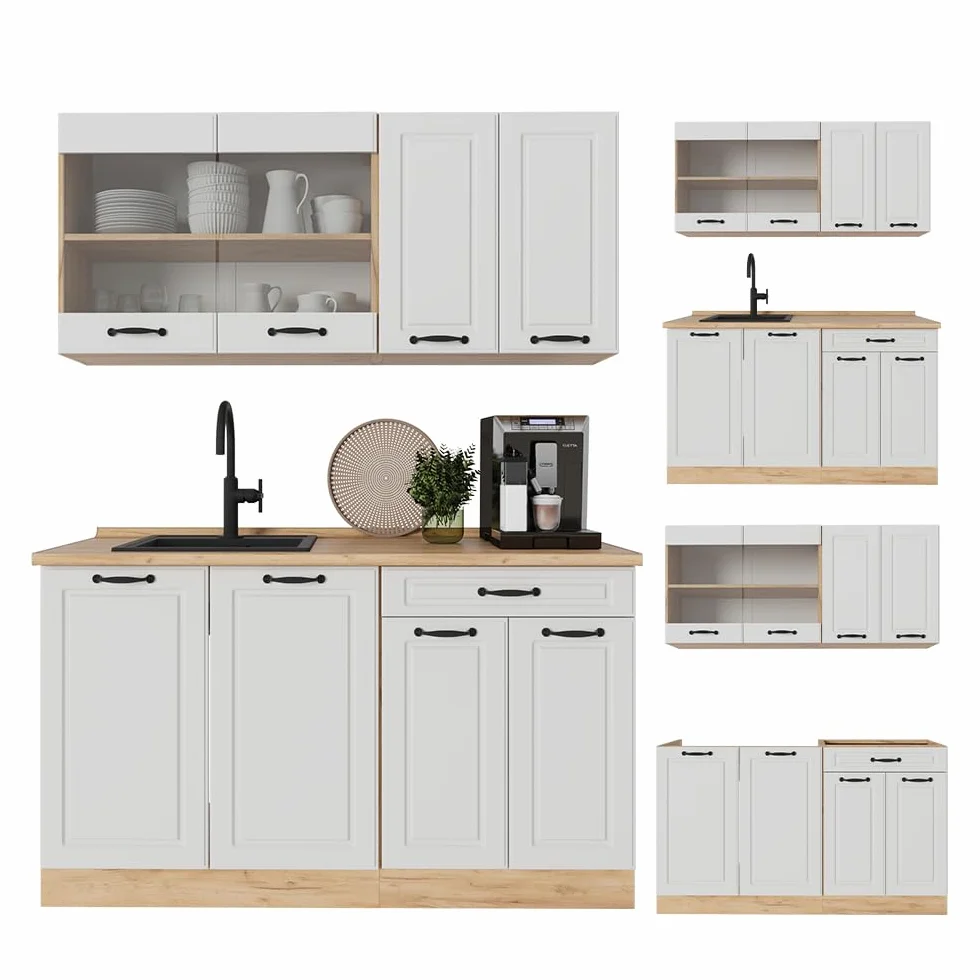 Vicco Cucina completa R-Line, Casa di campagna bianca/Rovere dorato, 140 cm senza piano di lavoro, adatto per installazione autoportante o vicino alla parete