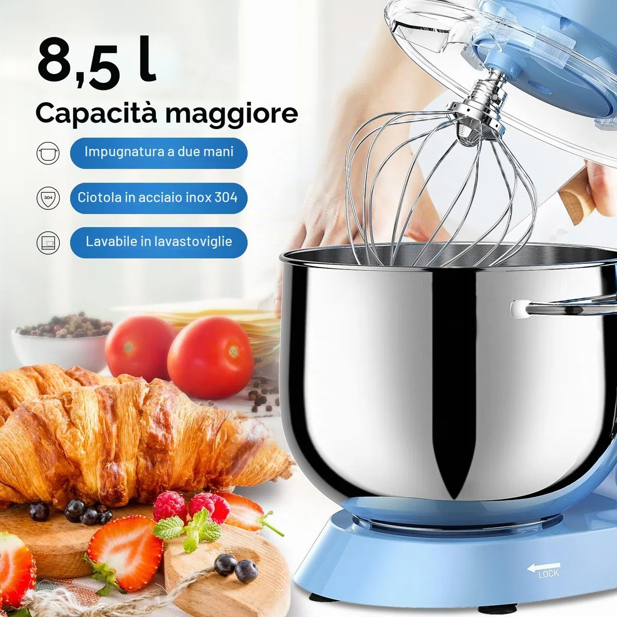 Vezzio Impastatrice Planetaria Impastatrice Elettrico 8.5 Litri Robot da Cucina Multifunzione 6 Velocità Include ciotola in acciaio inossidabile, frusta, gancio per impastare (Blue)