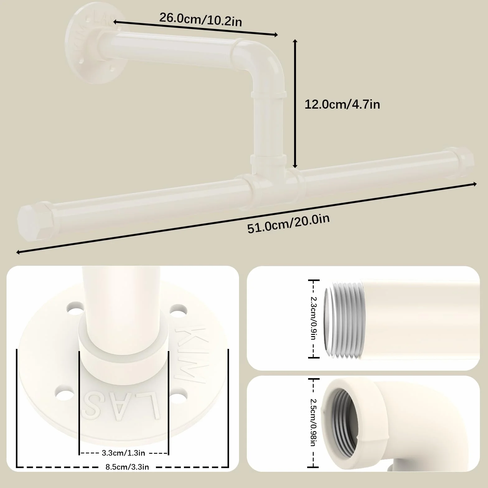 Yawinhe 51cm Appendiabiti per Tubo Industriale, Barra Attaccapanni Appesa a Parete Retrò, Rimovibile Appendino, per Spazio Stretto, Bianco, 1 Pack