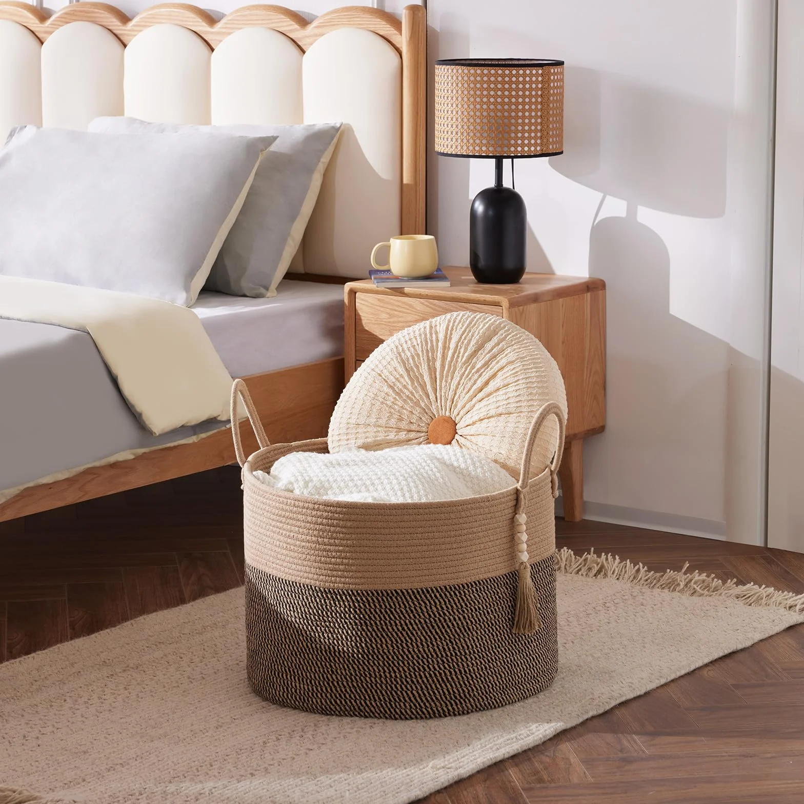YOUDENOVA Cesto portabiancheria in legno con perline decorative, cestino portaoggetti per bambini, cesto per coperte in corda di cotone grande