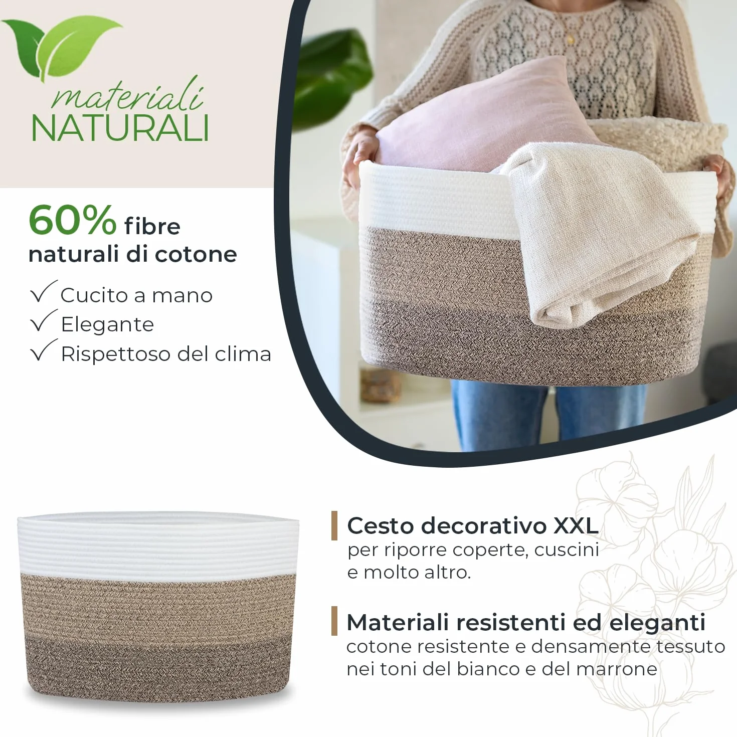 Cesto portabiancheria in cotone angolare con manici 55 x 43 x 30 cm Bianco-Marrone