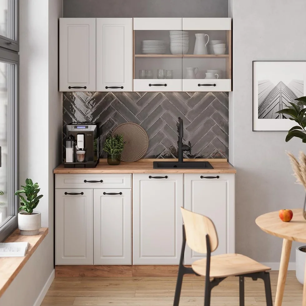 Vicco Cucina completa R-Line, Casa di campagna bianca/Rovere dorato, 140 cm senza piano di lavoro, adatto per installazione autoportante o vicino alla parete