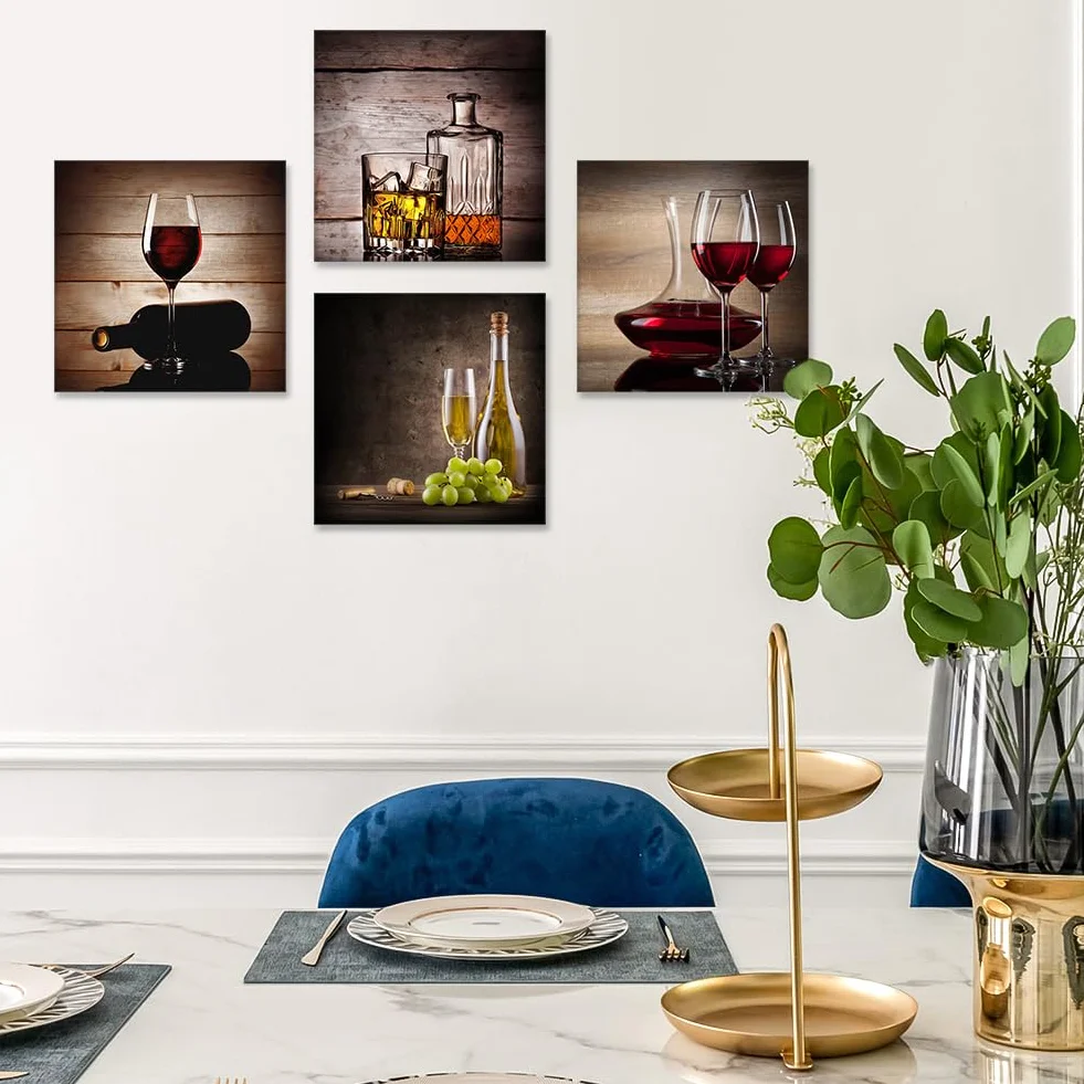 Artscope 4 parti Stampa su tela - Bicchiere da vino rosso, decorazione da parete per camera da letto, dipinti ad olio per casa, bagno, soggiorno, 30 x 30