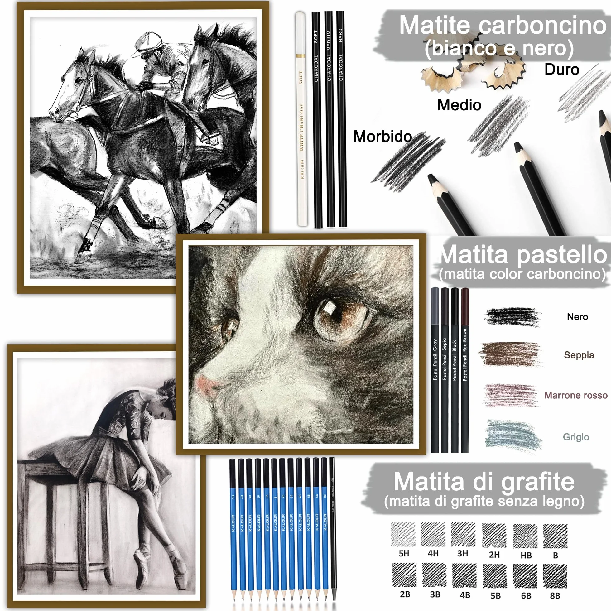 KALOUR 76 Kit di Disegno e Schizzo - Set di Materiali Artistici con Taccuino e Carta Acquerello - Include Tutorial, Matite Pastello, Acquerello, Schizzo, Colorate, Metalliche, Carboncino