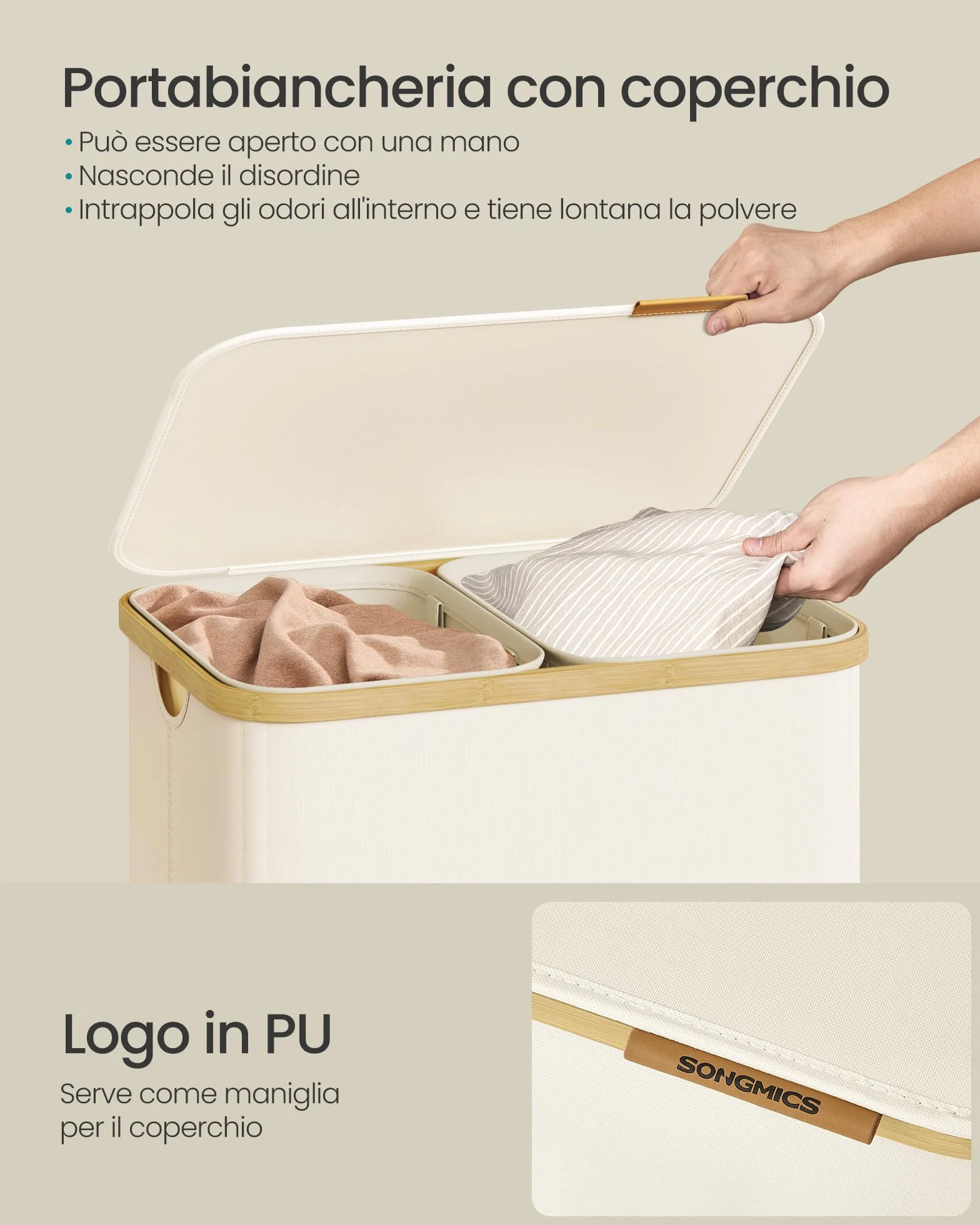 SONGMICS Cesto Portabiancheria con Coperchio, 2 Scomparti, 150 L, Bianco Crema LCB532WD01