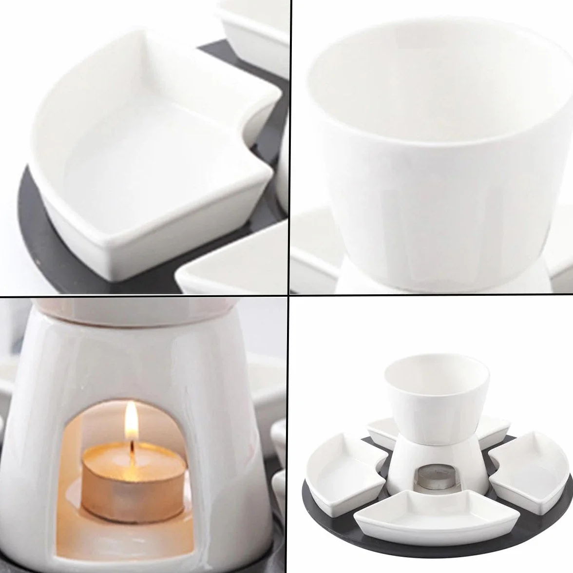 Set di Fonduta di Cioccolato in Ceramica 300 ml, 4 Piatti e 4 Forchette, Bianco