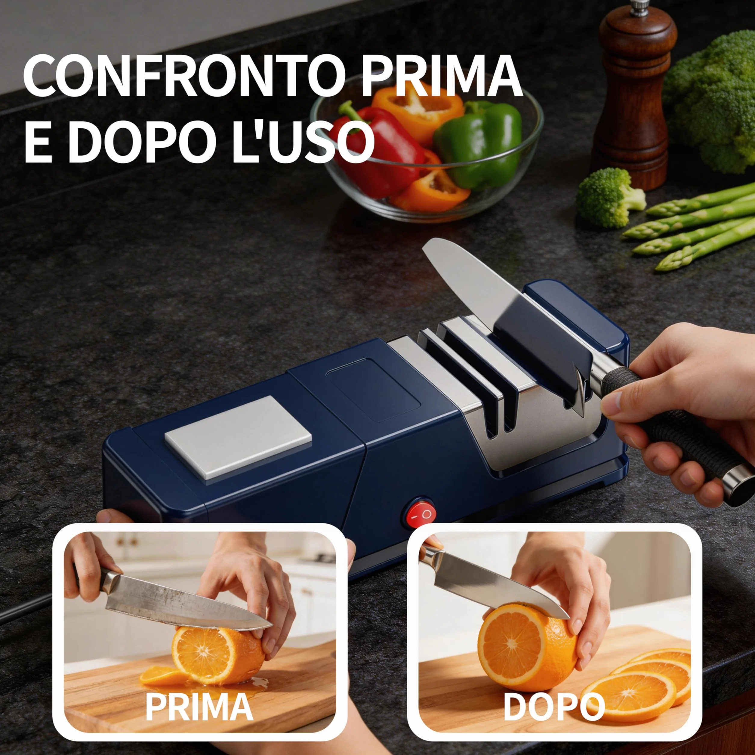 Affilacoltelli elettrico 5 in 1, rivestimento in diamante, motore silenzioso, base antiscivolo