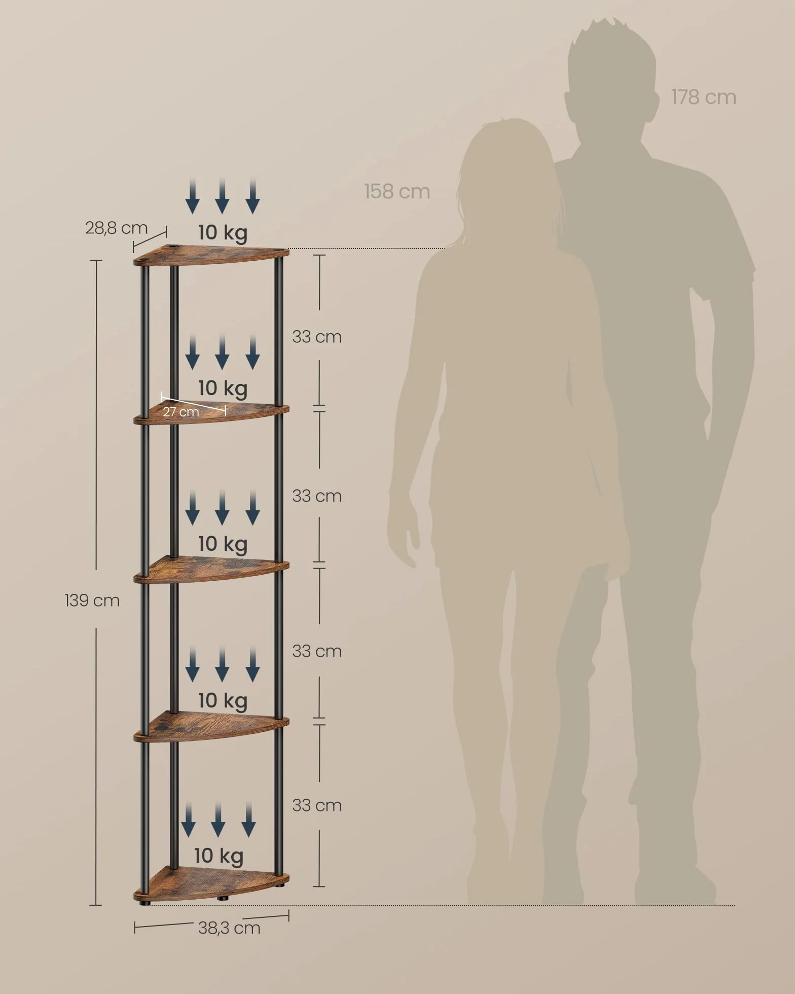 SONGMICS HOME Montaggio Super Veloce Senza Attrezzi, Scaffale Angolare a 5 Ripiani, 38,3 x 27 x 139 cm, Marrone Vintage