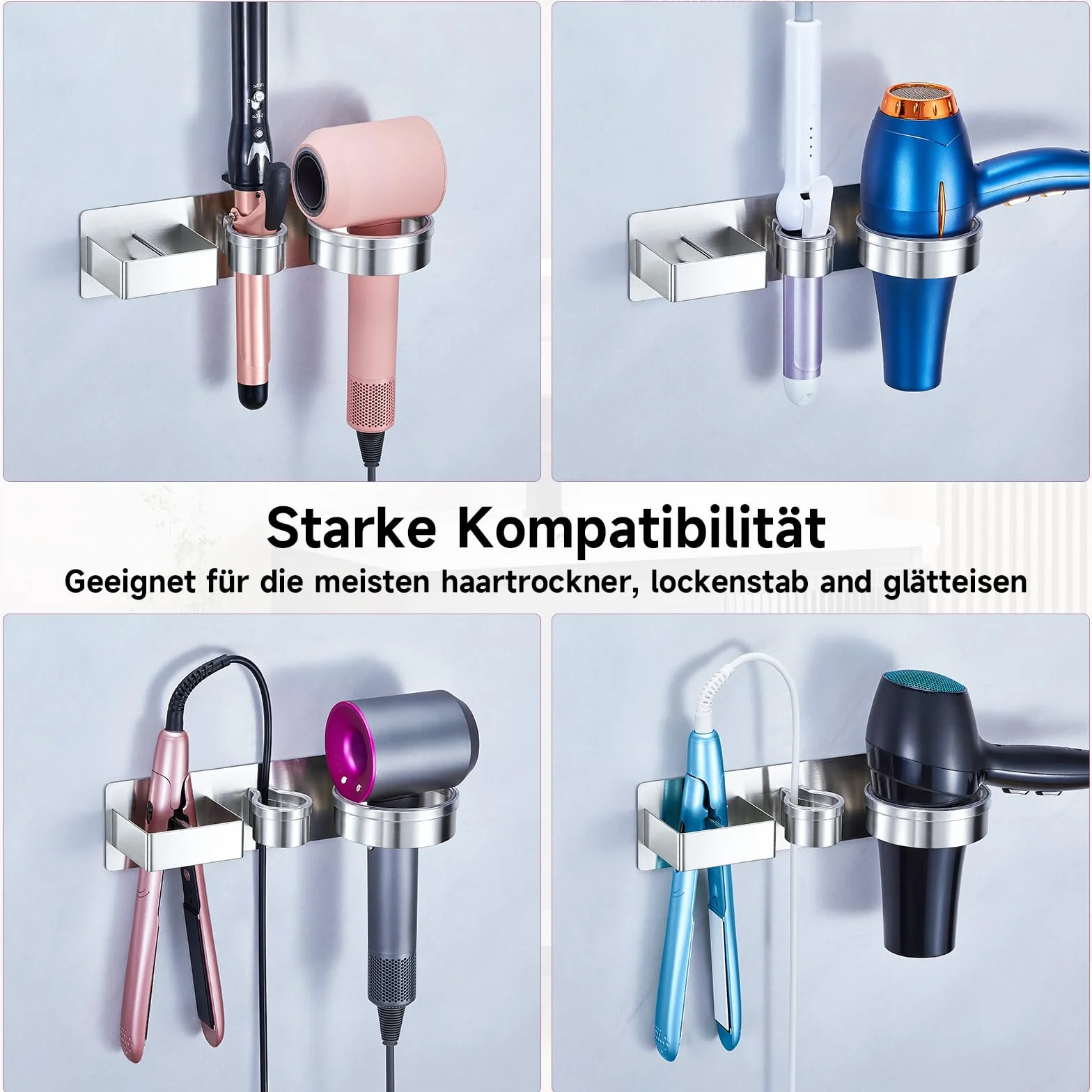 Porta Phone Bagno Da Muro, 3 in 1 Supporto per Phon, Piastra e Ferro Arricciacapelli, Porta Asciugacapelli, porta phon e Piastra Adesivo, Supporto Phon per Camere da Letto