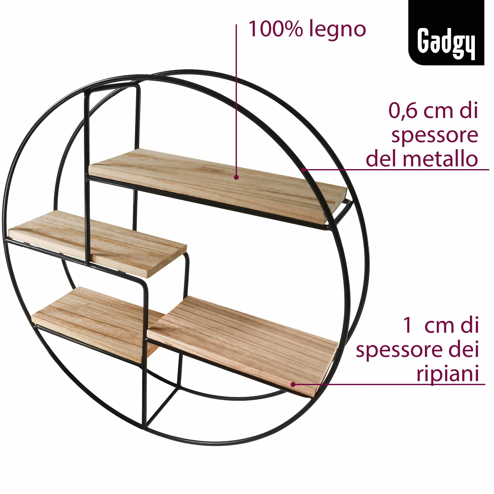 Mensola Rotonda da Parete con 4 Ripiani Gadgy in Legno e Metallo, Stile Industriale, 42 x 10 cm