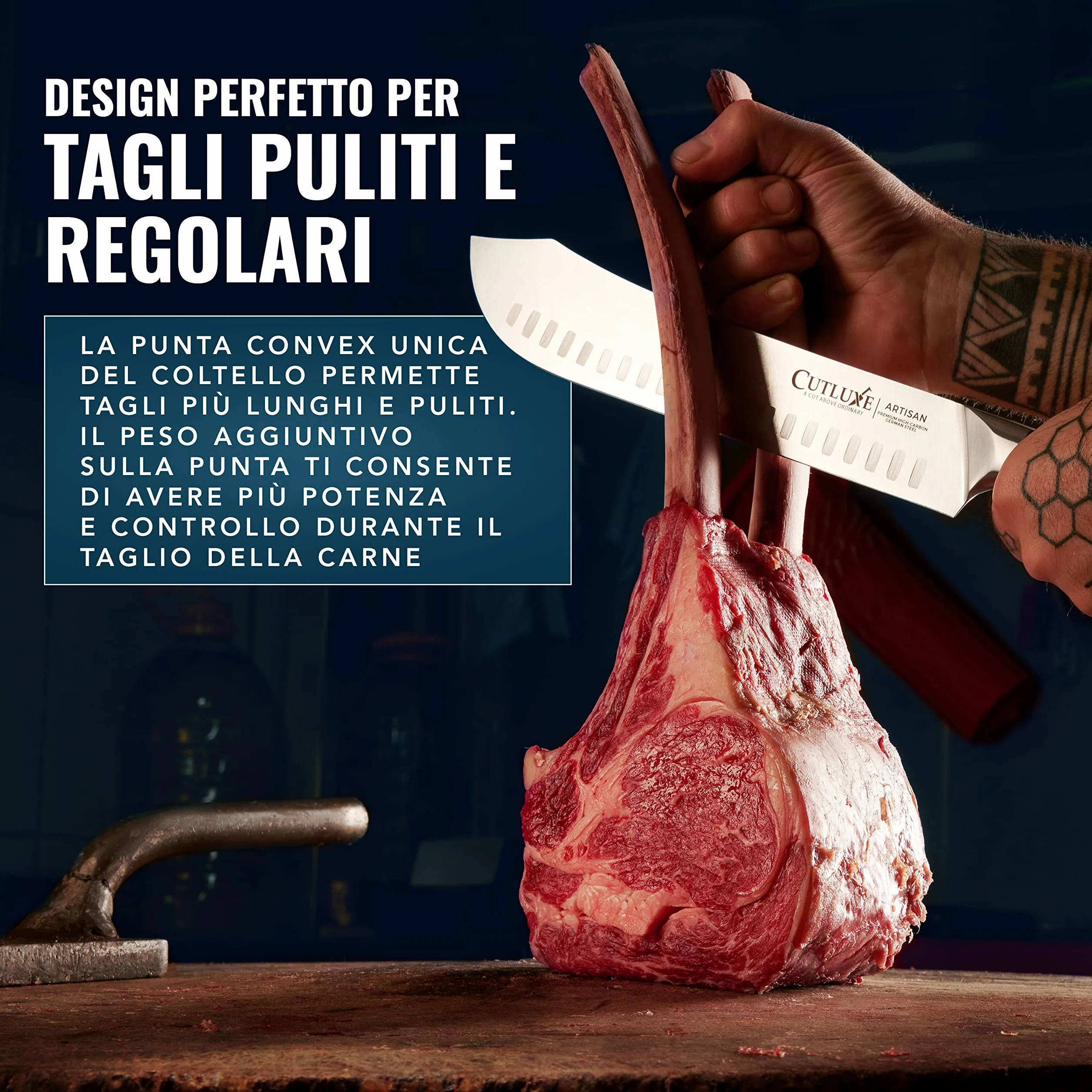 Cutluxe Coltello da Macellaio 25cm, Coltello Bull Nose, Acciaio al Carbonio, Lama Affilata e Resistente, Artisan Series