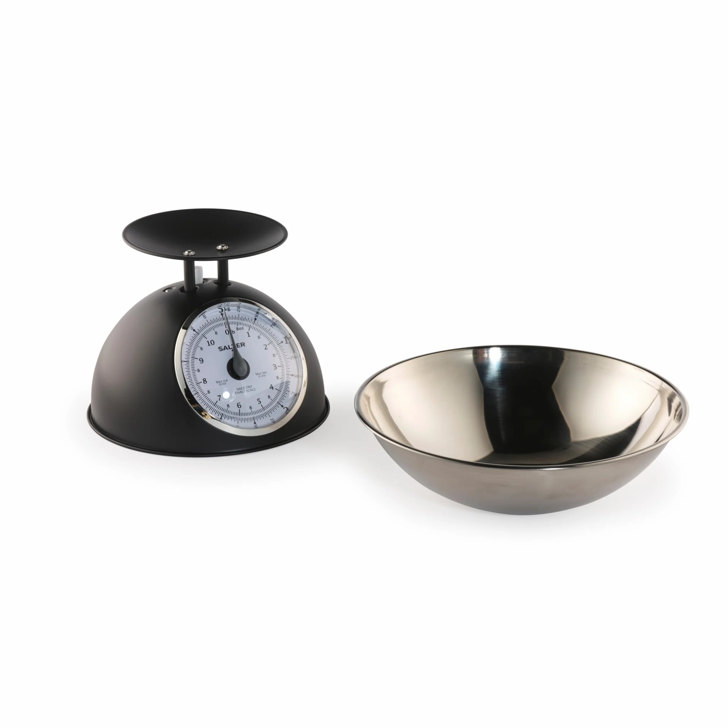 Salter Timeless Bilancia da Cucina Meccanica 5kg, Ciotola Lavabile da 2L, Senza Batterie, Nero