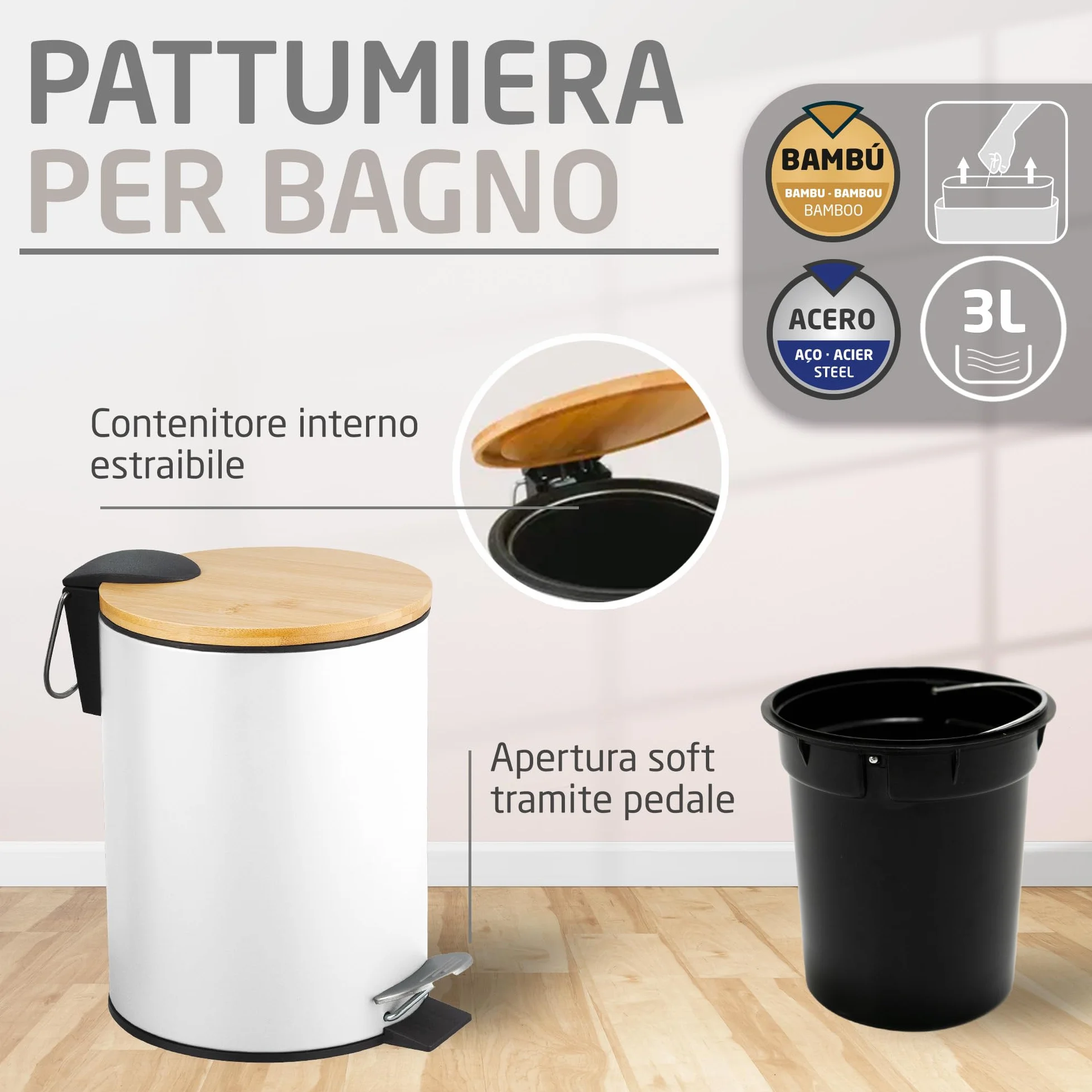 Amig Naturline Set Pattumiera e Portascopino Ø168x230 mm Acciaio Bambù Bianco
