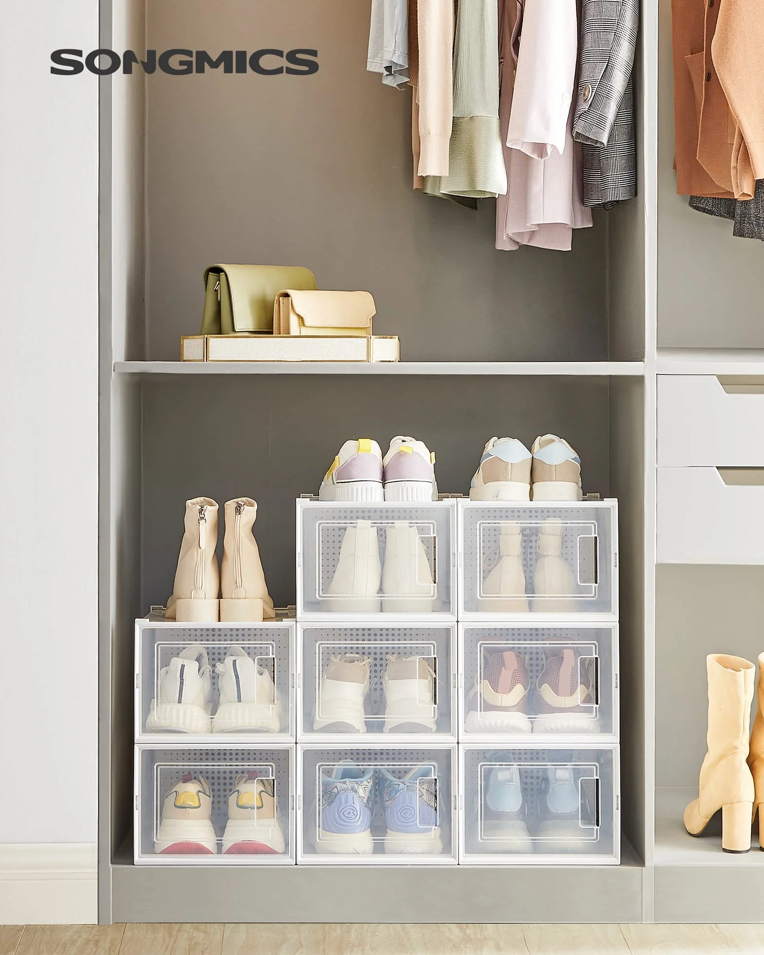SONGMICS Pudełka na buty 8 sztuk, Organizer na buty składany, Przezroczysty biały LSP08MWT