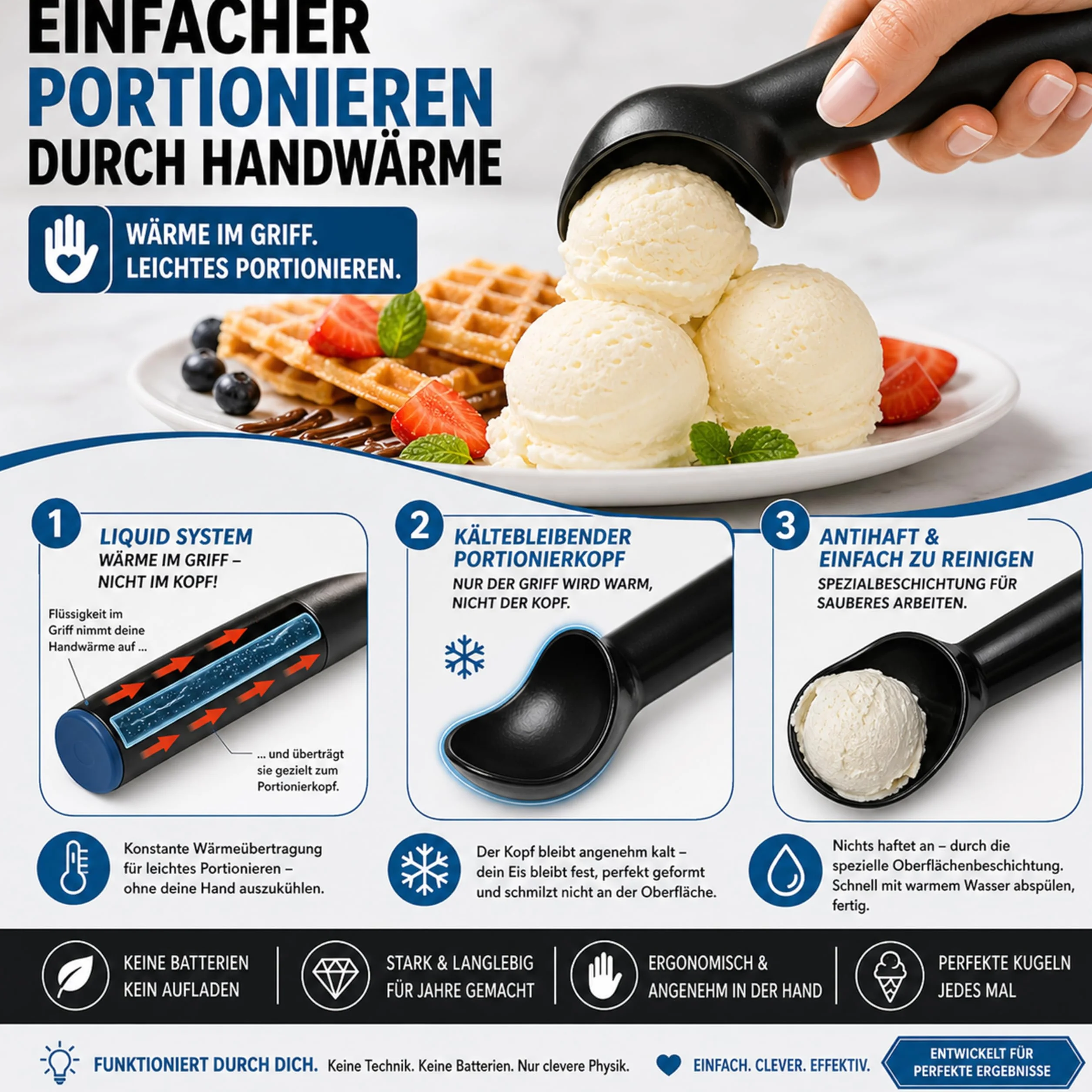 Cucchiaio per gelato formatore palline ghiaccio 1/16 volume mano calda