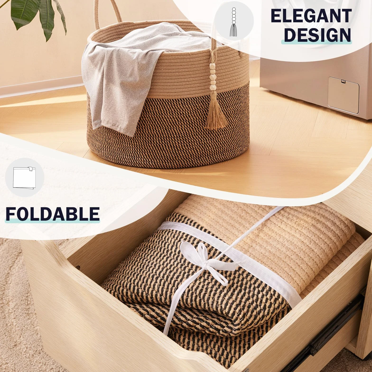 YOUDENOVA Cesto portabiancheria in legno con perline decorative, cestino portaoggetti per bambini, cesto per coperte in corda di cotone grande