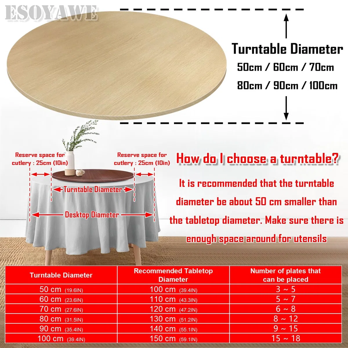 Lazy Susan Piatto Girevole Da Tavolo Da Pranzo In Legno Girevole A 360º, Diametro Ø 50-100 Cm Rotondo Piatti Girevoli Da Piano Tavolo, Per Condividere Facilmente Il Cibo In Tavola