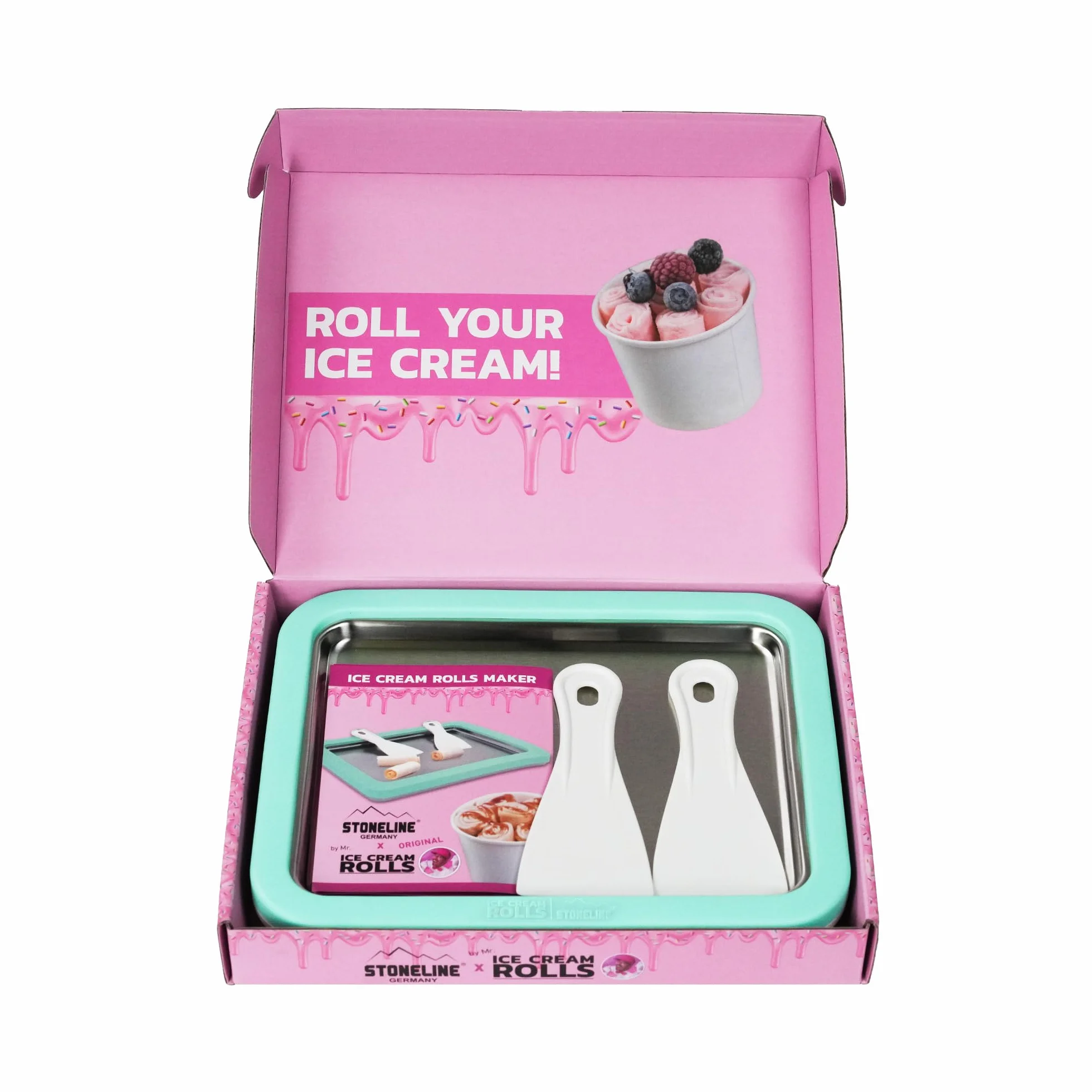 STONELINE by Mr. Ice Cream Rolls ORIGINALE Piastra di Gelato Istantaneo 26x21x3,5 cm con 2 Spatole, Macchina per Gelato Arrotolato