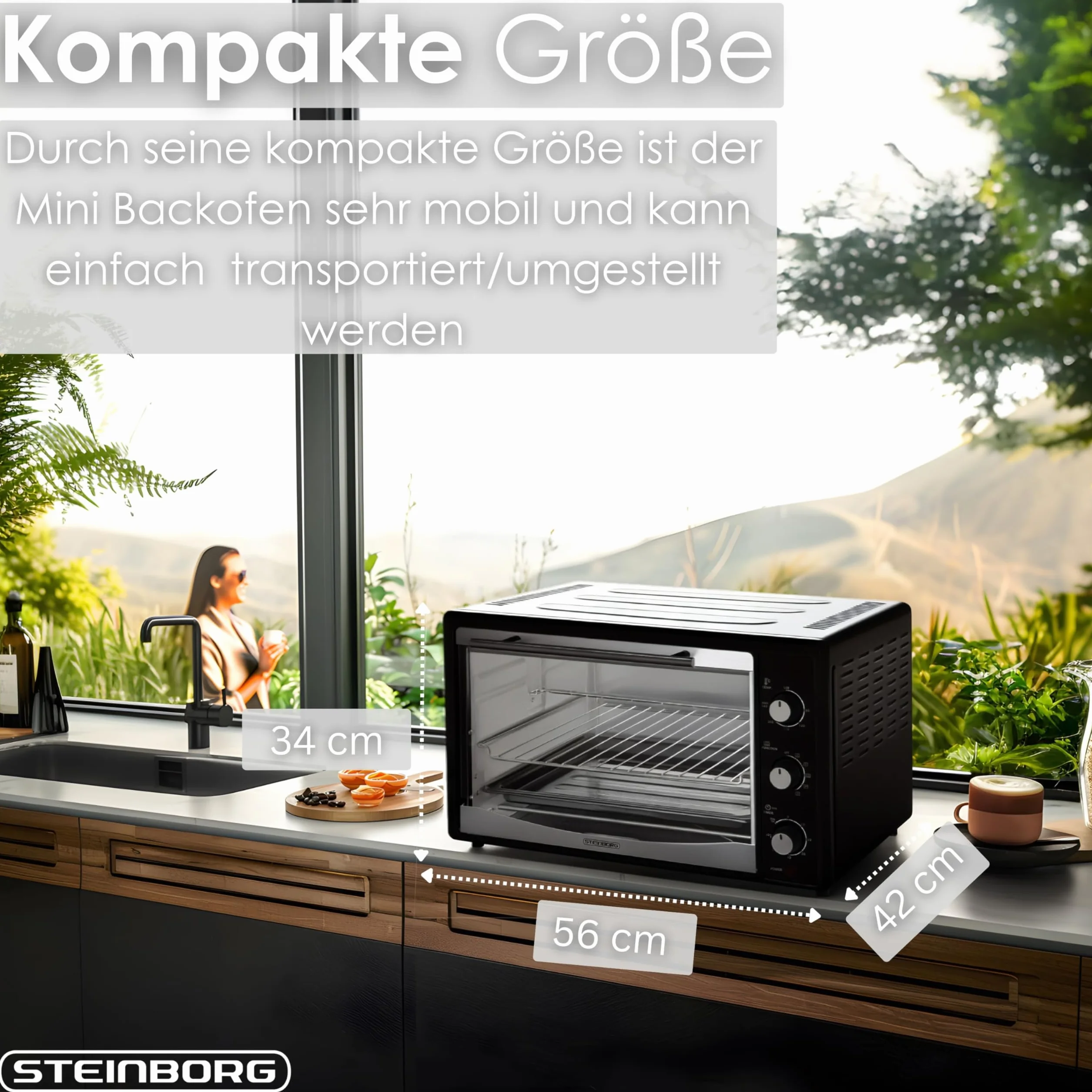 Steinborg Mini forno elettrico, 45 l, con calore girevole e girarrosto, mini forno a convezione, girarrosto, 1800 W, forno per pizza, forno per pizza, con illuminazione interna, piano cottura e