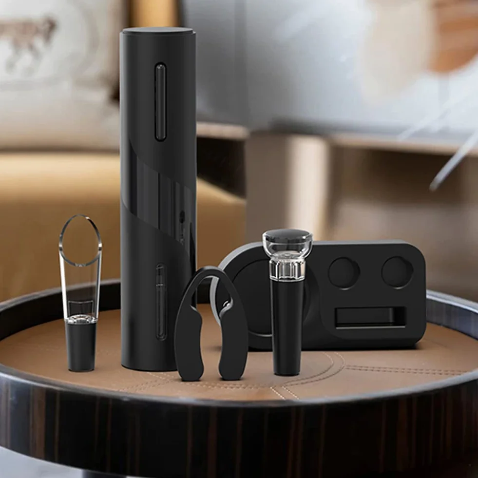 Cavatappi Elettrico 6 In 1 Set con Base, Taglierina, Versatore, Tappo Silicone Vuoto, Ricarica USB