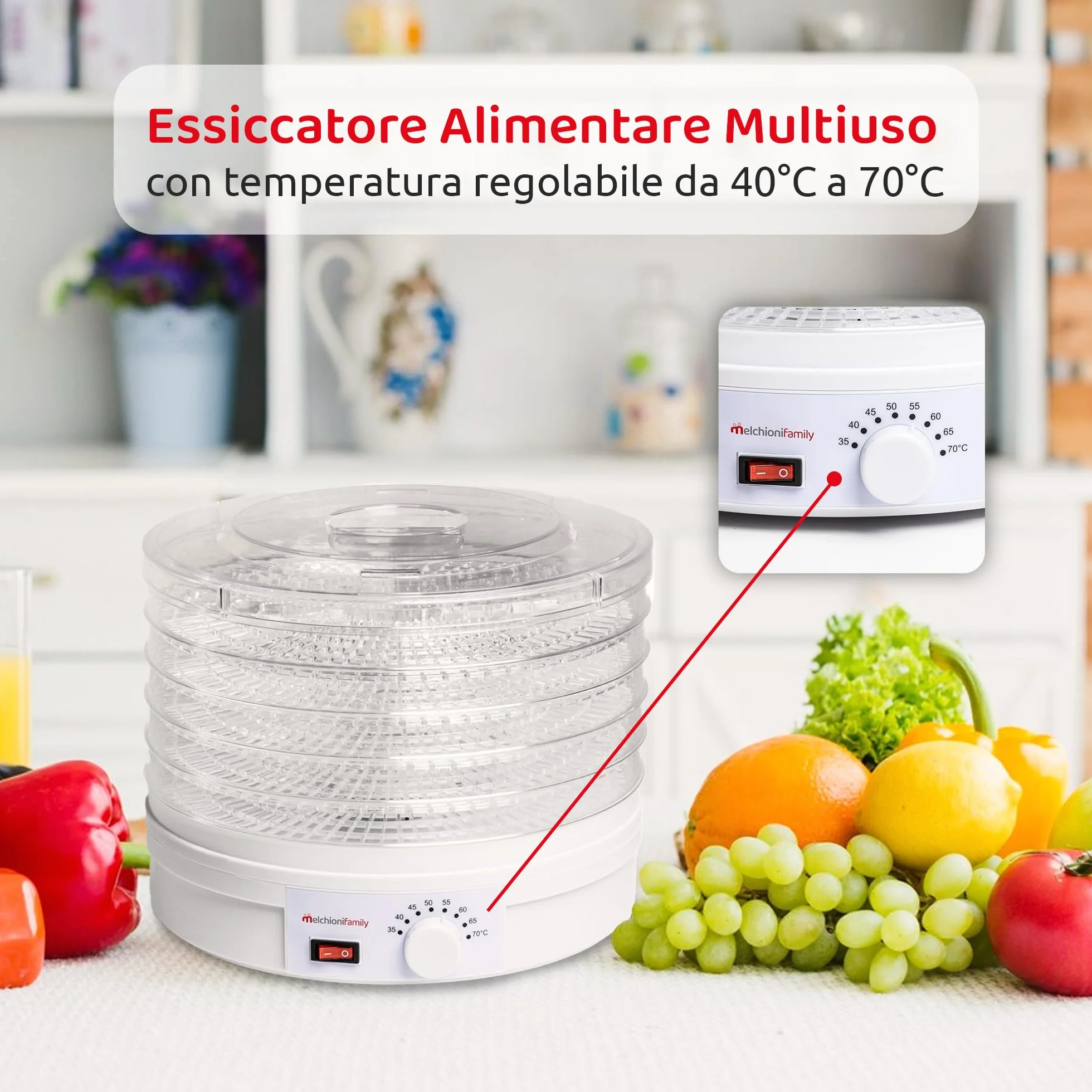 Melchioni Family | Essiccatore Elettrico BABELE, Essiccatore Alimentare Multiuso, 5 Ripiani Impilabili e Removibili, Potenza 250W, Temperatura Regolabile 40-70°C