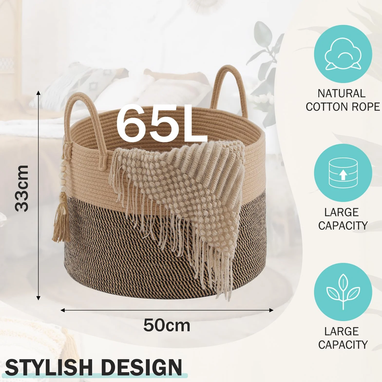 YOUDENOVA Cesto portabiancheria in legno con perline decorative, cestino portaoggetti per bambini, cesto per coperte in corda di cotone grande