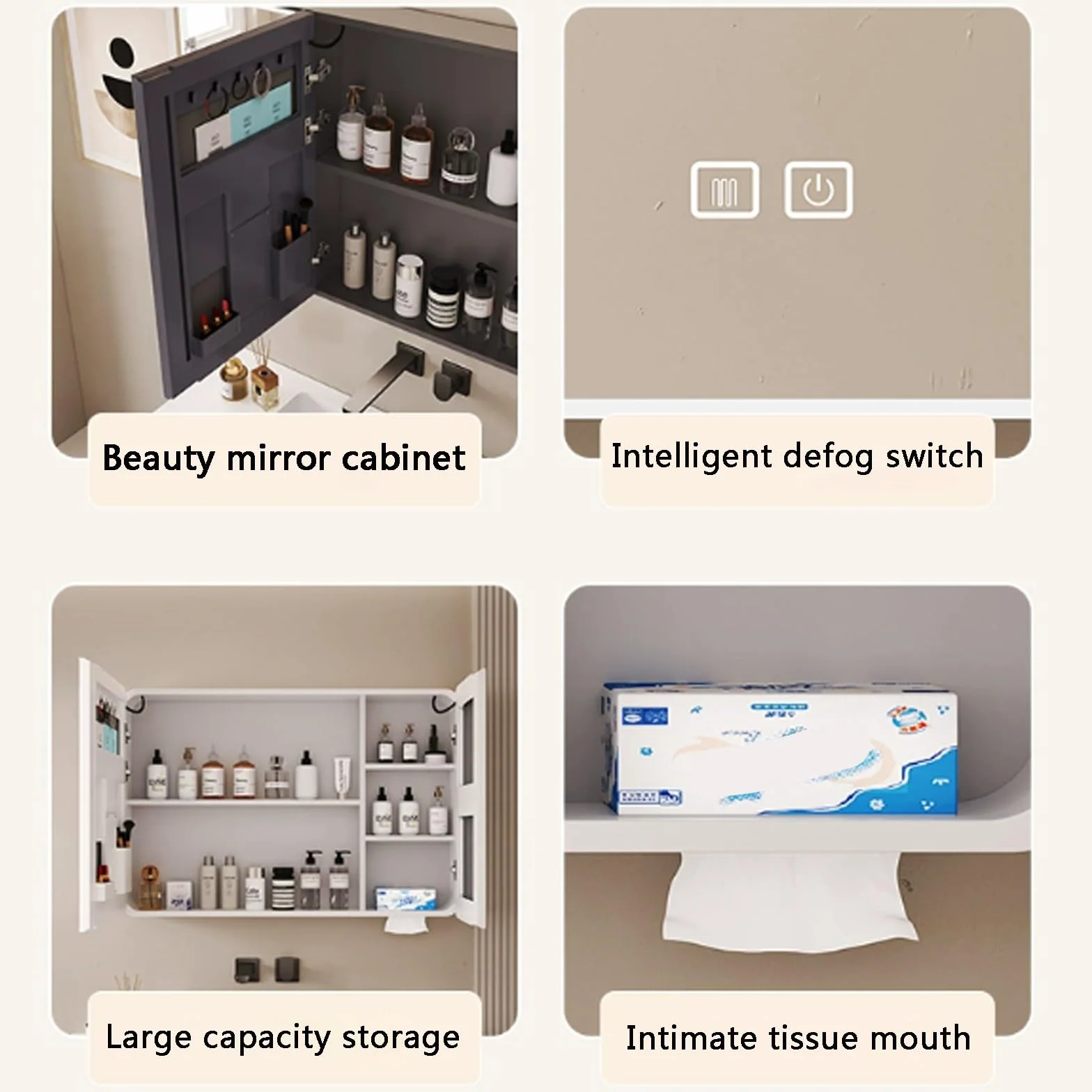 Specchio da bagno intelligente con luce anti-appannamento, trucco, attenuazione continua, interruttore tattile, ad alta definizione, montaggio a parete