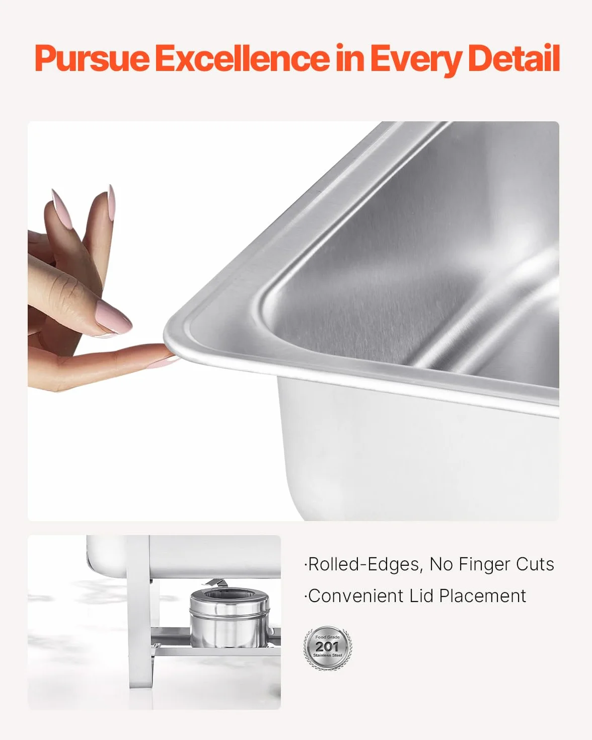 VEVOR Set da Buffet per Scaldavivande 7,5 L Scaldavivande Rettangolare in Acciaio Inox, 6 Pezzi, con 6 Padelle di Dimensioni Standard, Coperchio Supporto per Padella per Acqua e Carburante, Argento
