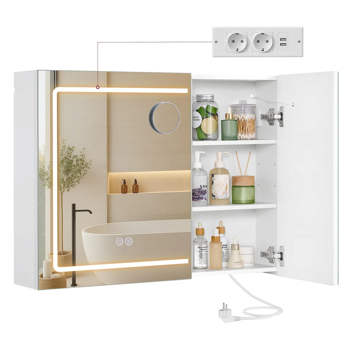 VASAGLE Kailyn Collezione - Armadietto a Specchio da Parete per Bagno con LED, Presa Multipla, Funzione Antiappannamento, Specchio Ingranditore 10x, Stile Moderno, 16,5 x 80 x 60 cm, Bianco BBK134W01