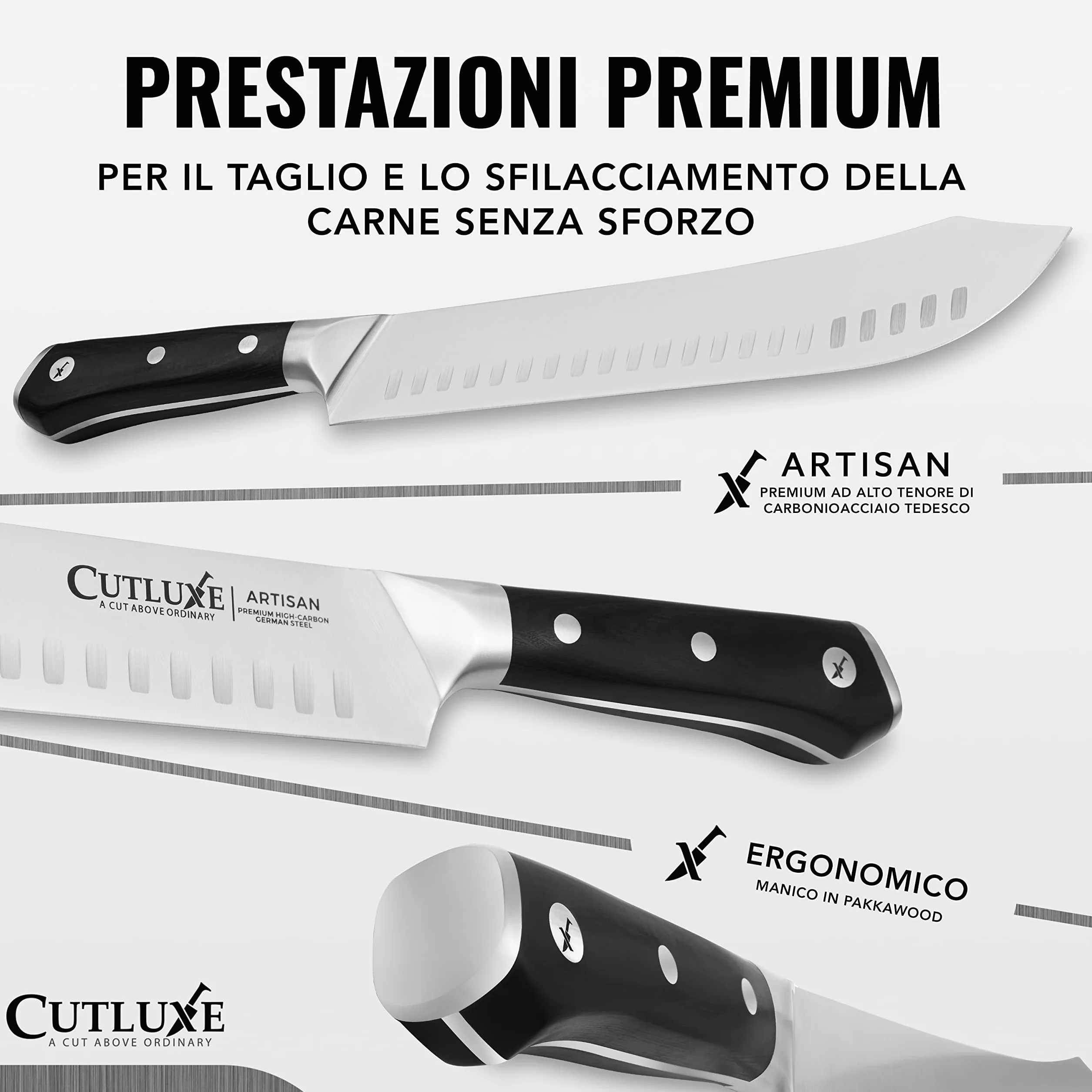 Cutluxe Coltello da Macellaio 25cm, Coltello Bull Nose, Acciaio al Carbonio, Lama Affilata e Resistente, Artisan Series