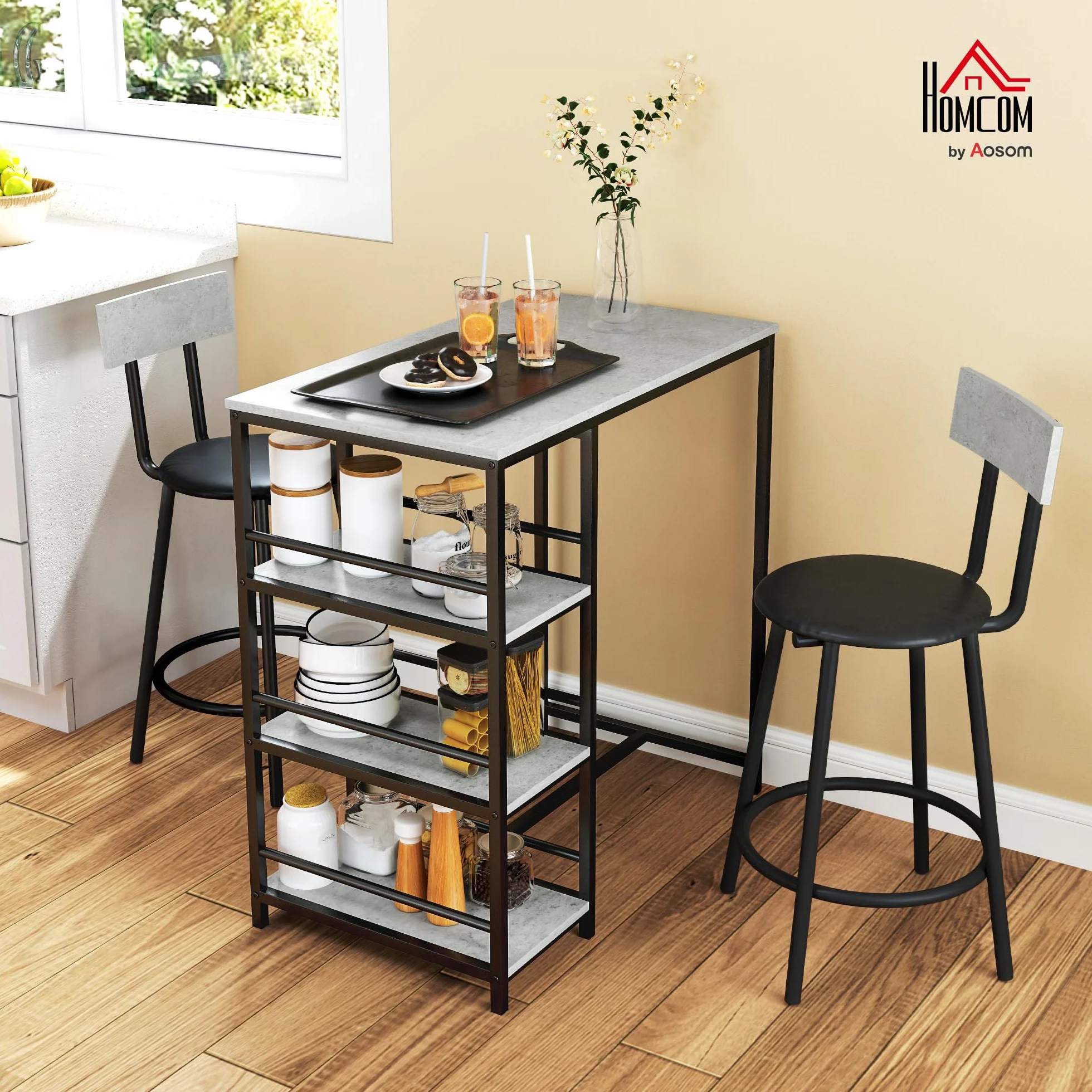 HOMCOM Set Tavolo Bar con 2 Sgabelli, Bancone Bar con 3 Ripiani, Tavolo Alto con Sgabelli Bar con Schienale, Tavolino Bar per Pranzo, Soggiorno e Cucina, Grigio Chiaro