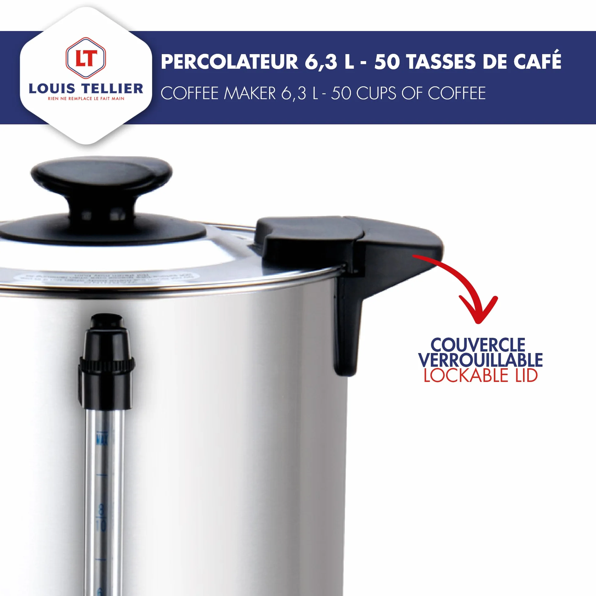 LOUIS TELLIER - Percolatore professionale per caffè, capacità 6,3 l, 50 tazze, in acciaio inox, filtro in acciaio inox, rubinetto antigoccia