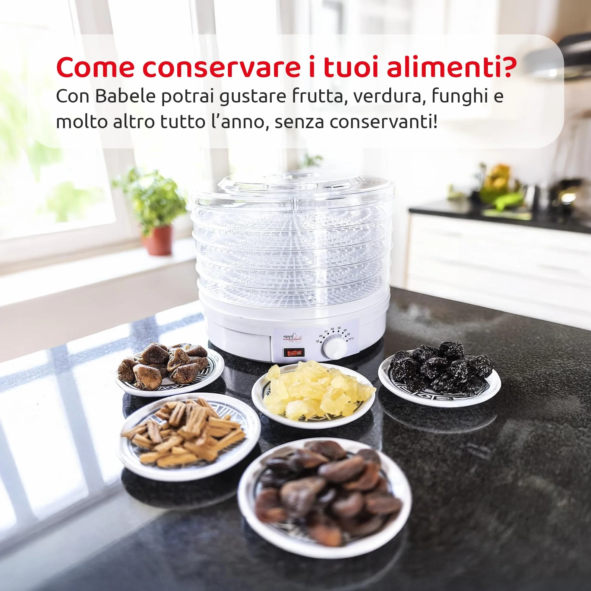Melchioni Family | Essiccatore Elettrico BABELE, Essiccatore Alimentare Multiuso, 5 Ripiani Impilabili e Removibili, Potenza 250W, Temperatura Regolabile 40-70°C