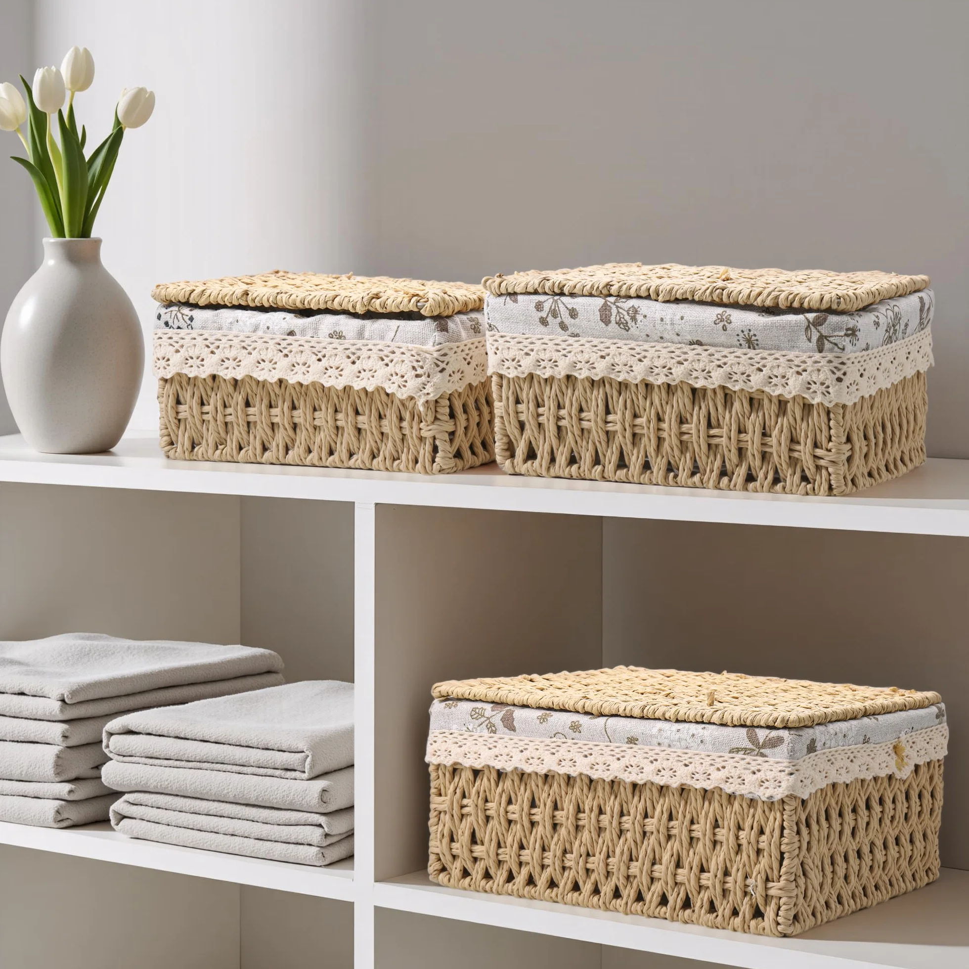 Starvortex Set di 3 Cestini Portaoggetti con Coperchio, Vimini Intrecciato a Mano, Lavabili, per Cucina e Bagno