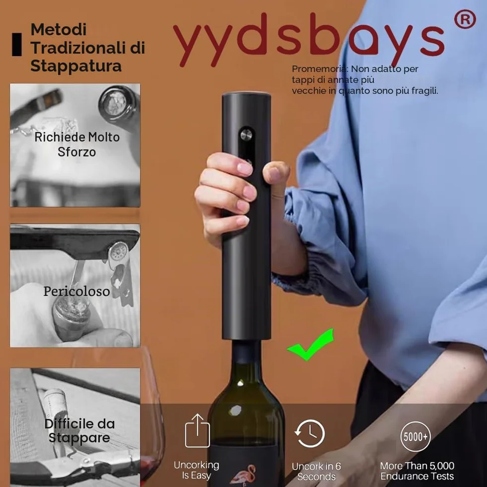 Cavatappi Elettrico Automatico Professionale per Vino (Nero, con Taglia Capsule)