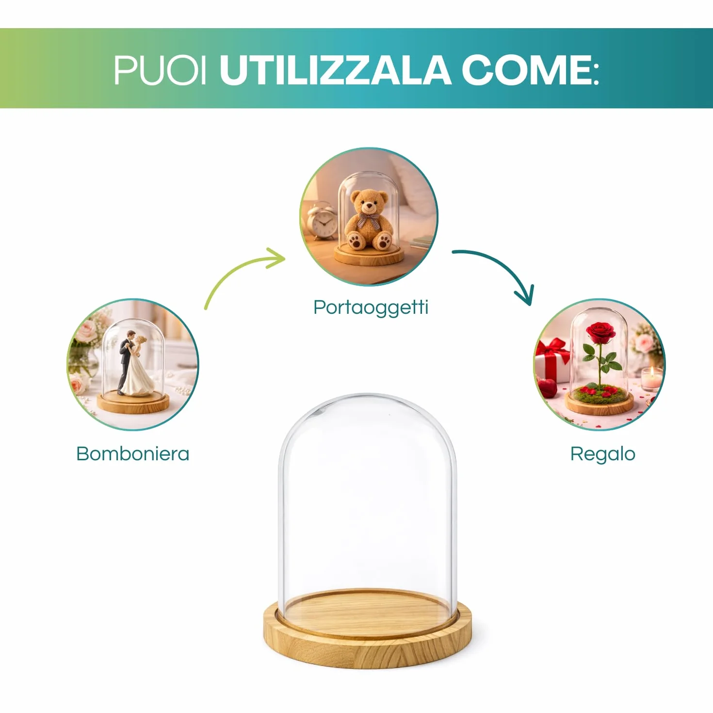 PALUPLUS Campana in Vetro con Base in Legno, Teca in Vetro Trasparente, Espositore per oggetti, composizioni floreali e luci, oggetto decorativo per la tua casa -953M -2,1 (17x25 cm)