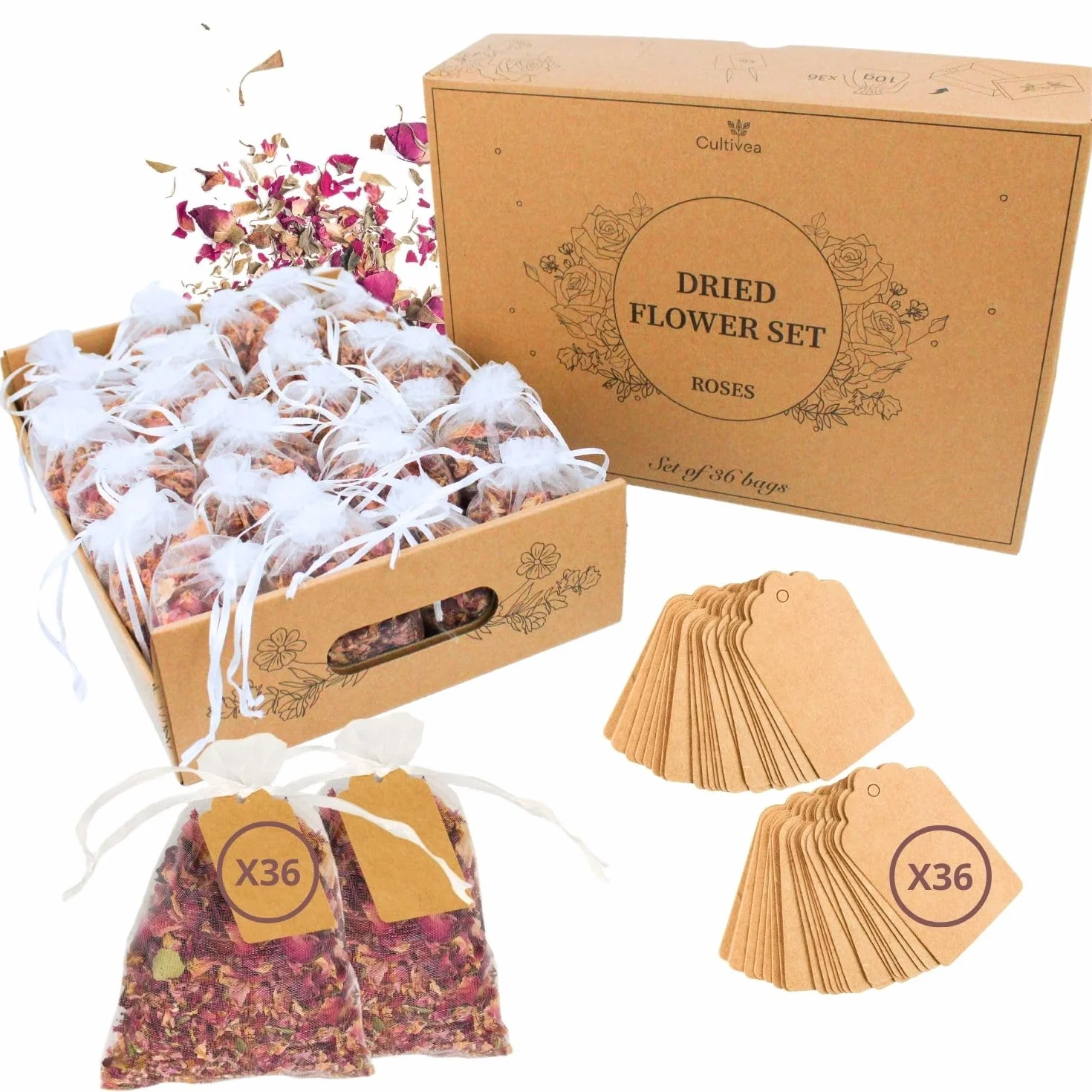 CULTIVEA Vassoio 36 sacchetti fiori secchi naturali Rose Decorazione matrimonio Coriandoli Petali rosa essiccati