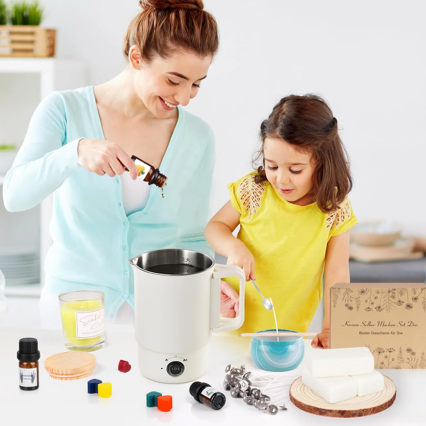 Kit per Sciogliere Cera di Candela Elettrico 800 ml 8 Cubi Cera Bianca 100 Stoppini
