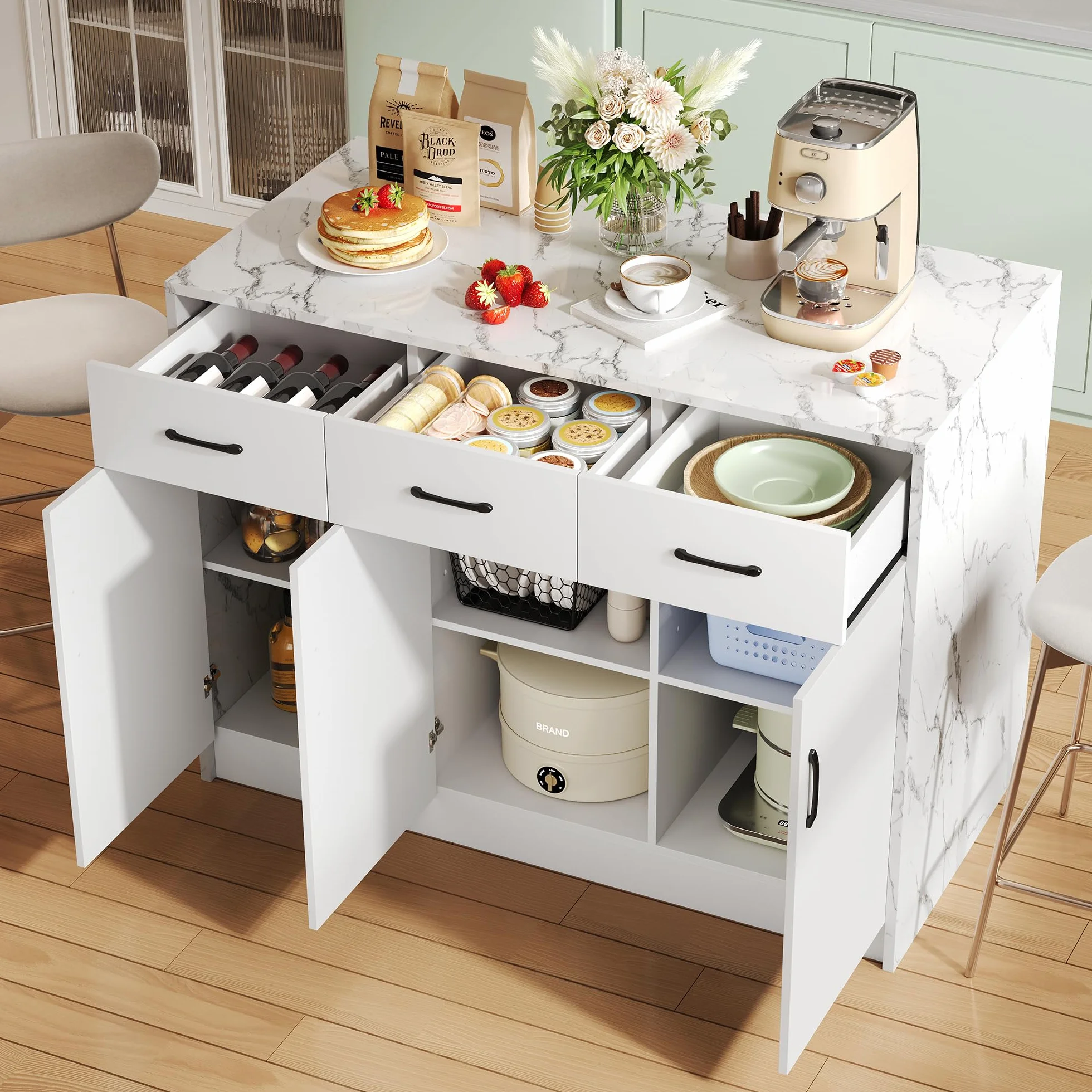 Grande isola da cucina 120 x 60 x 90,5 cm, 3 cassetti e 3 ante, design in marmo bianco, ripiani regolabili, cassetti silenziosi, design zona bar - Utensili da cucina eleganti e pratici