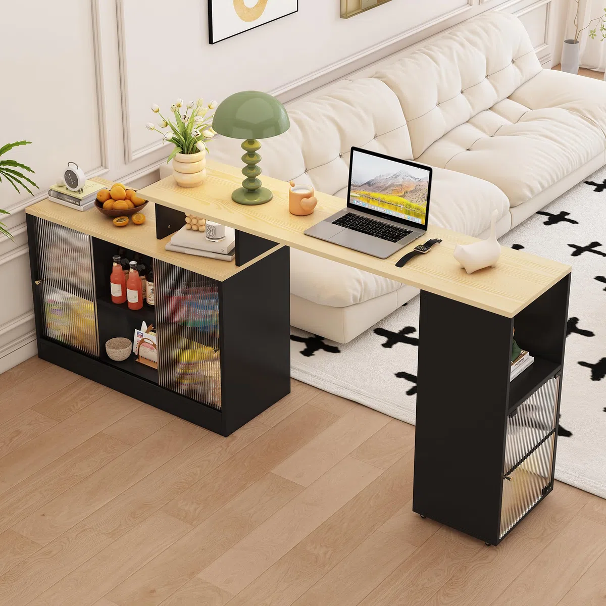 Tavolo da bar allungabile con vano portaoggetti, moderno tavolino girevole da bistrò, funzione credenza, ampio spazio di archiviazione, salvaspazio flessibile per soggiorno, sala da pranzo, cucina