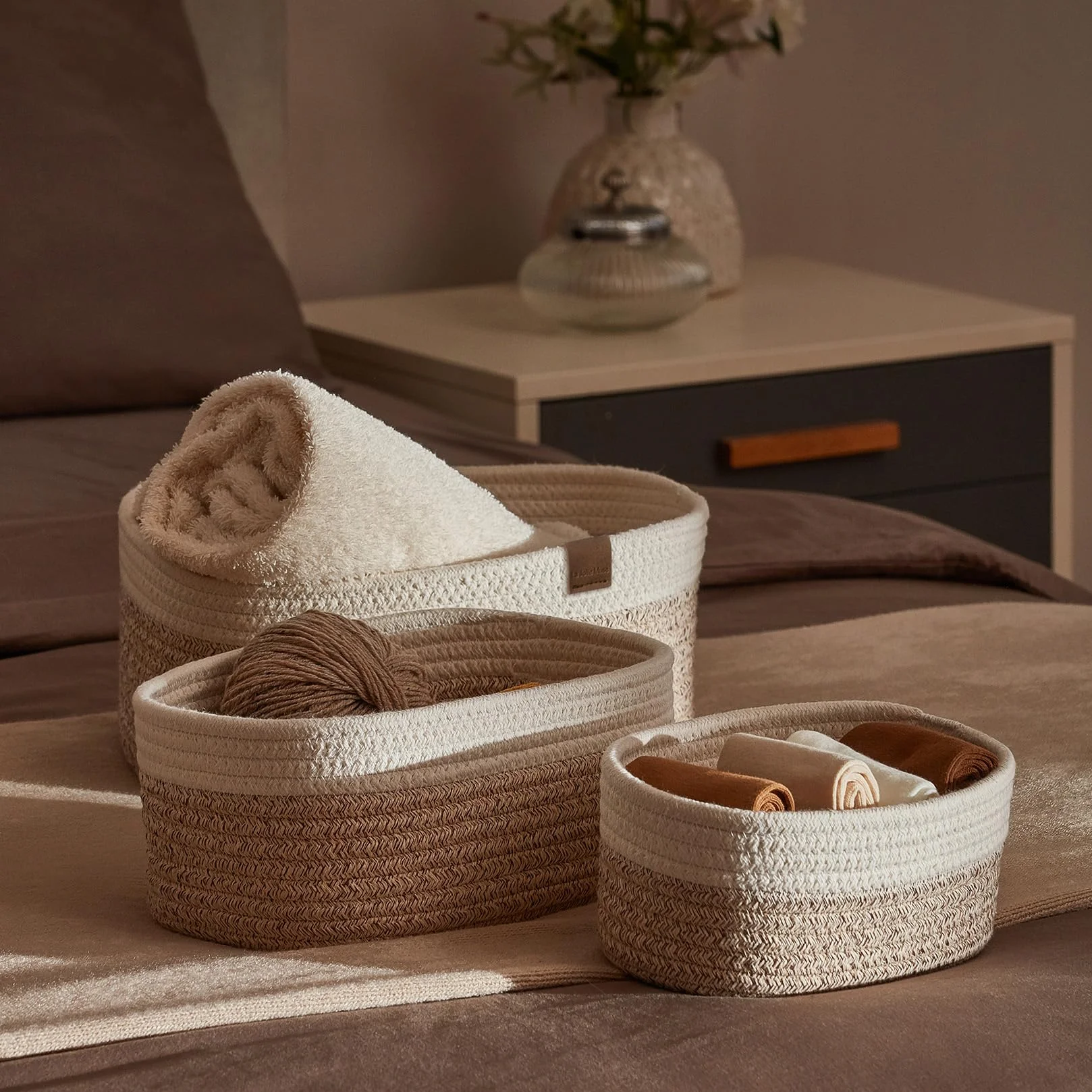 La Jolíe Muse Cesto in Corda di Cotone Cestini Portaoggetti con Manici Set di 3 Bianco Marrone