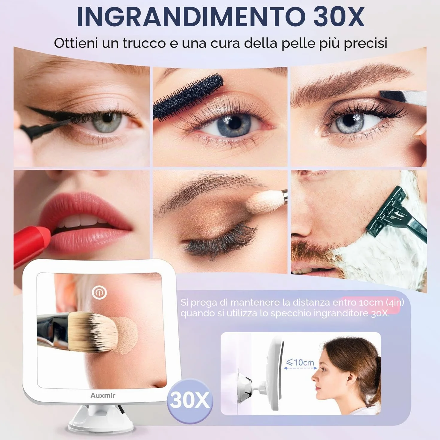 Auxmir Specchio Ingranditore 30X Ricaricabile, Specchio Trucco con 3 Colori di Luce LED, Luminosità Regolabile Ventosa Potente, Specchio Cosmetico da Bagno